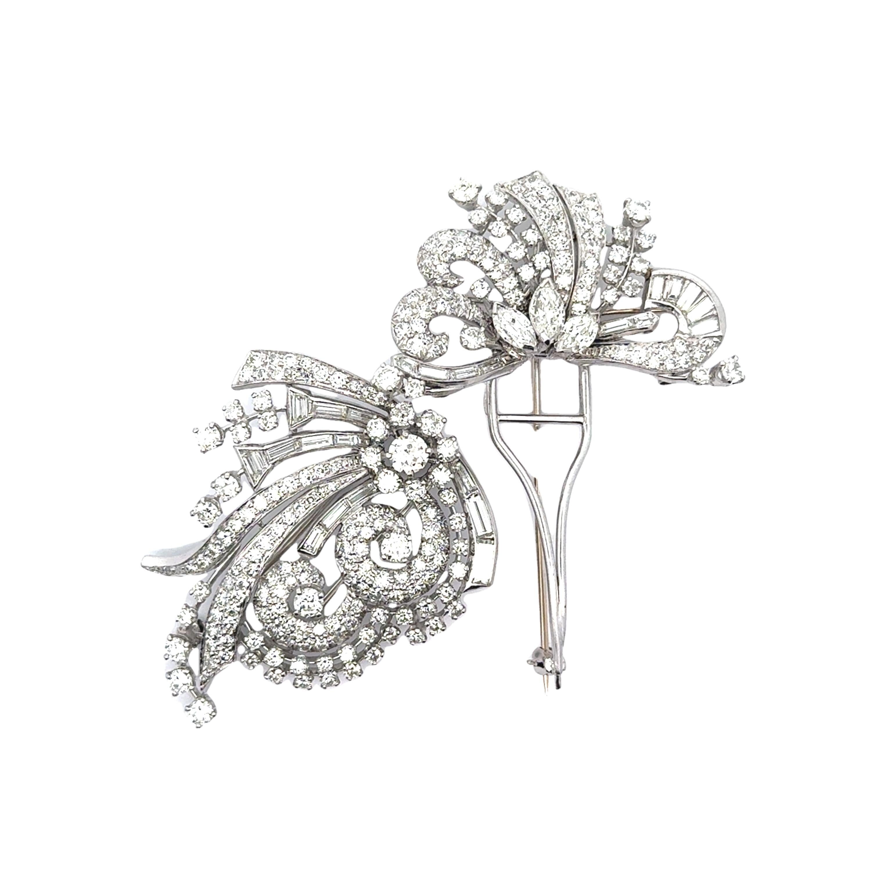 Mid-Century Diamond 18k White Gold Floral Spray Double-Clip Brooch