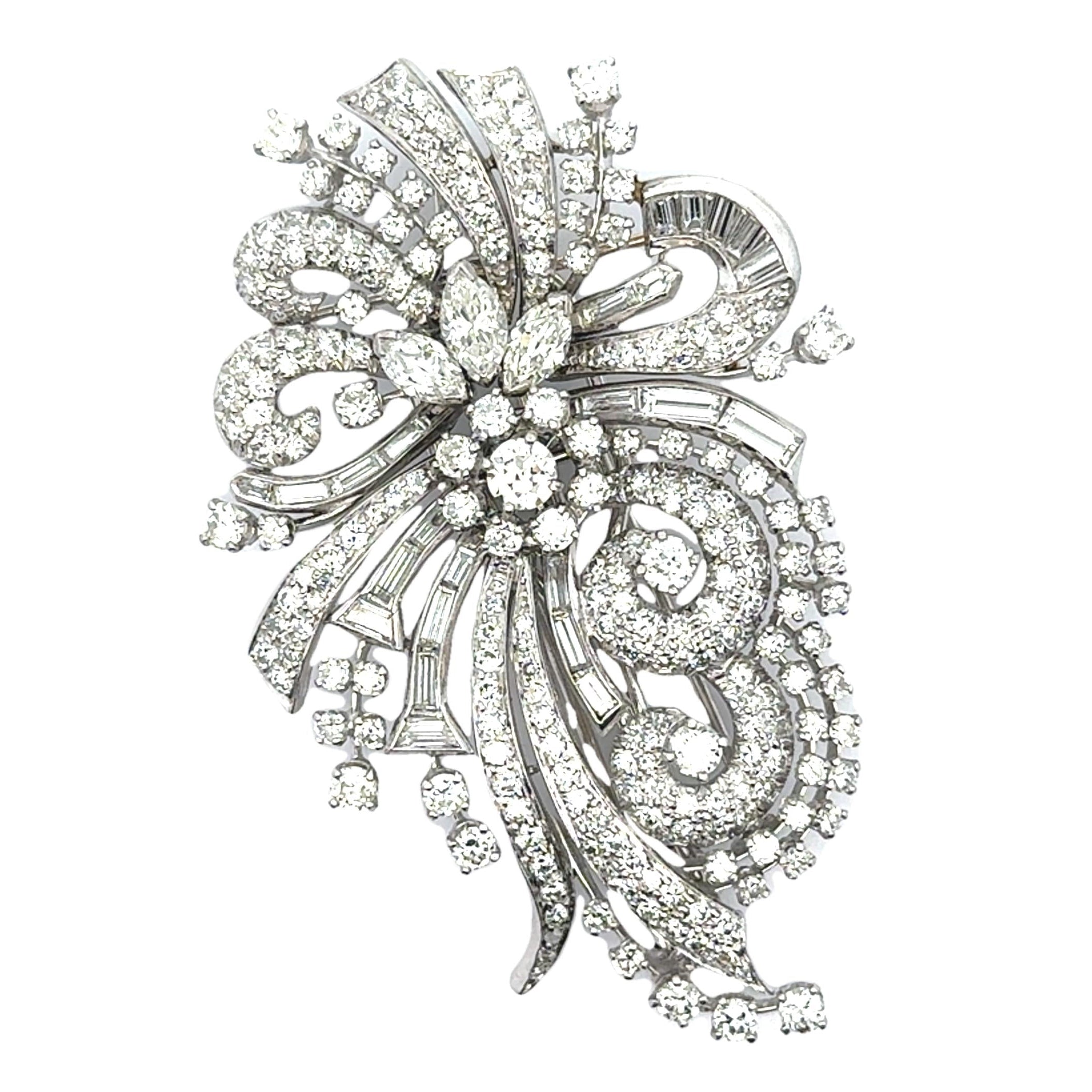 Mid-Century Diamond 18k White Gold Floral Spray Double-Clip Brooch