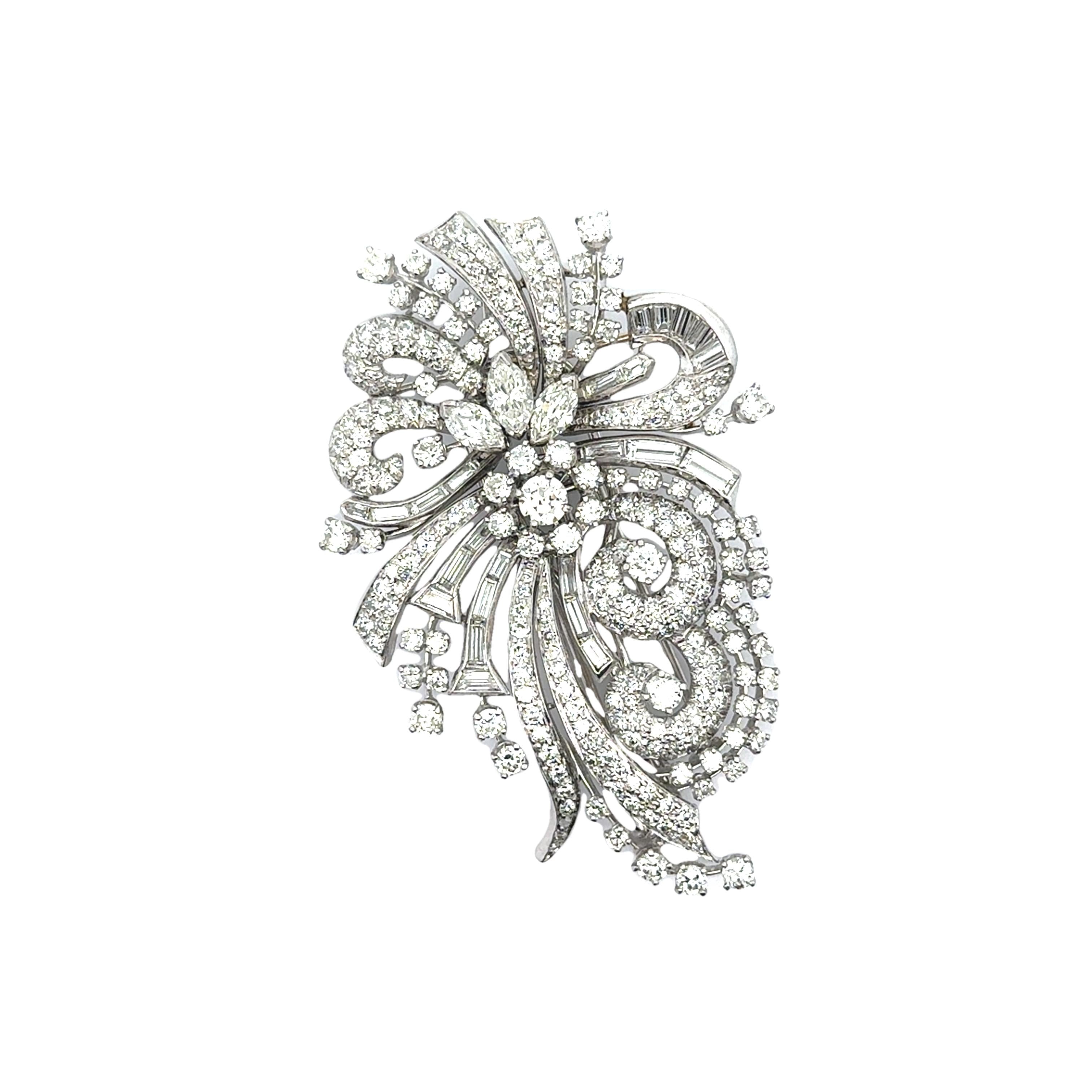 Mid-Century Diamond 18k White Gold Floral Spray Double-Clip Brooch