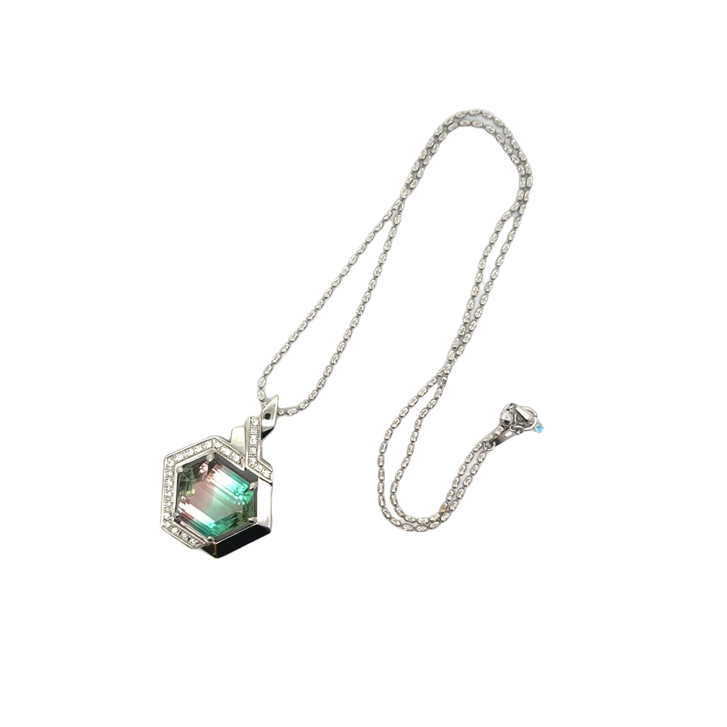 23.32 Carat Bi-color Tourmaline Diamond Platinum Hexagon Pendant