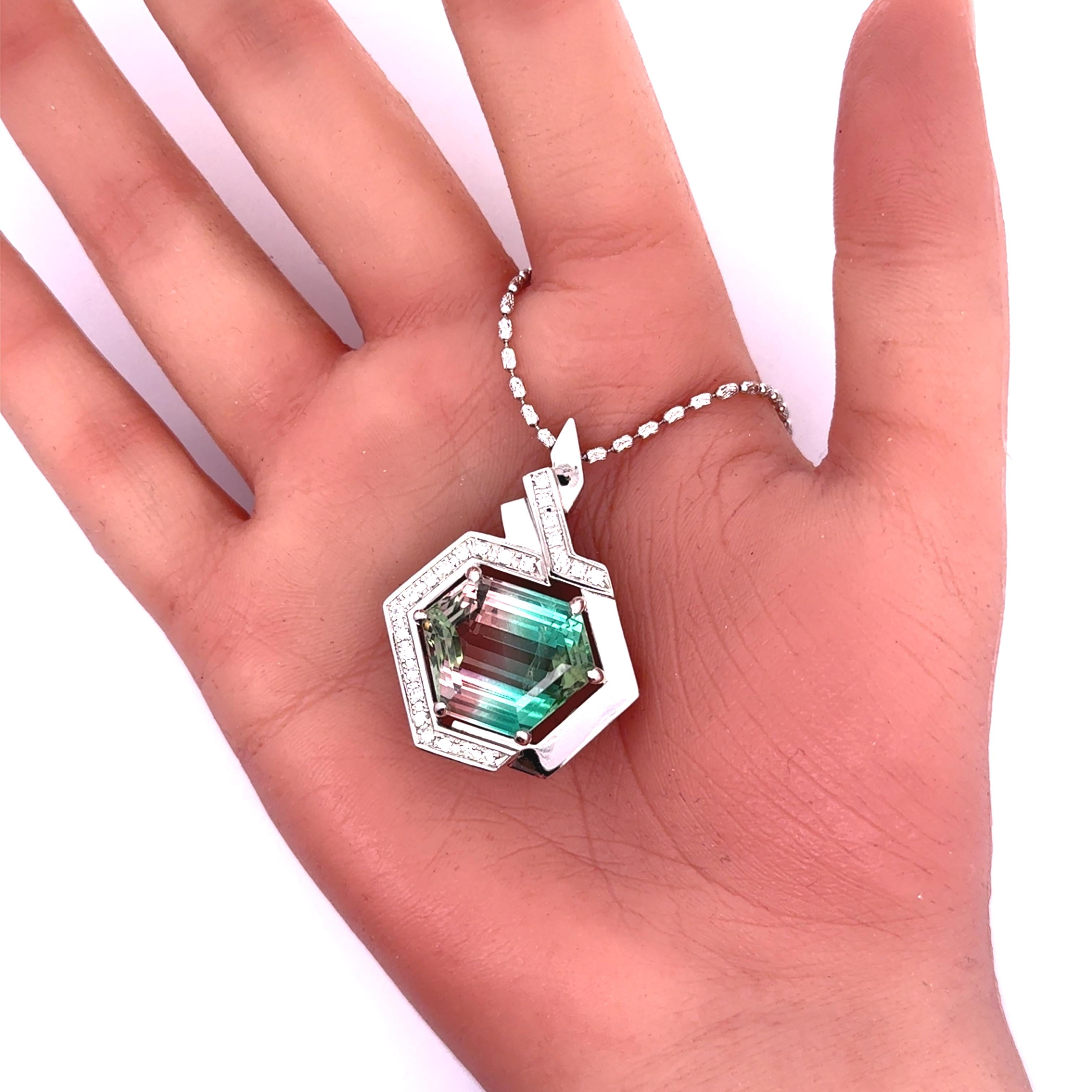 23.32 Carat Bi-color Tourmaline Diamond Platinum Hexagon Pendant