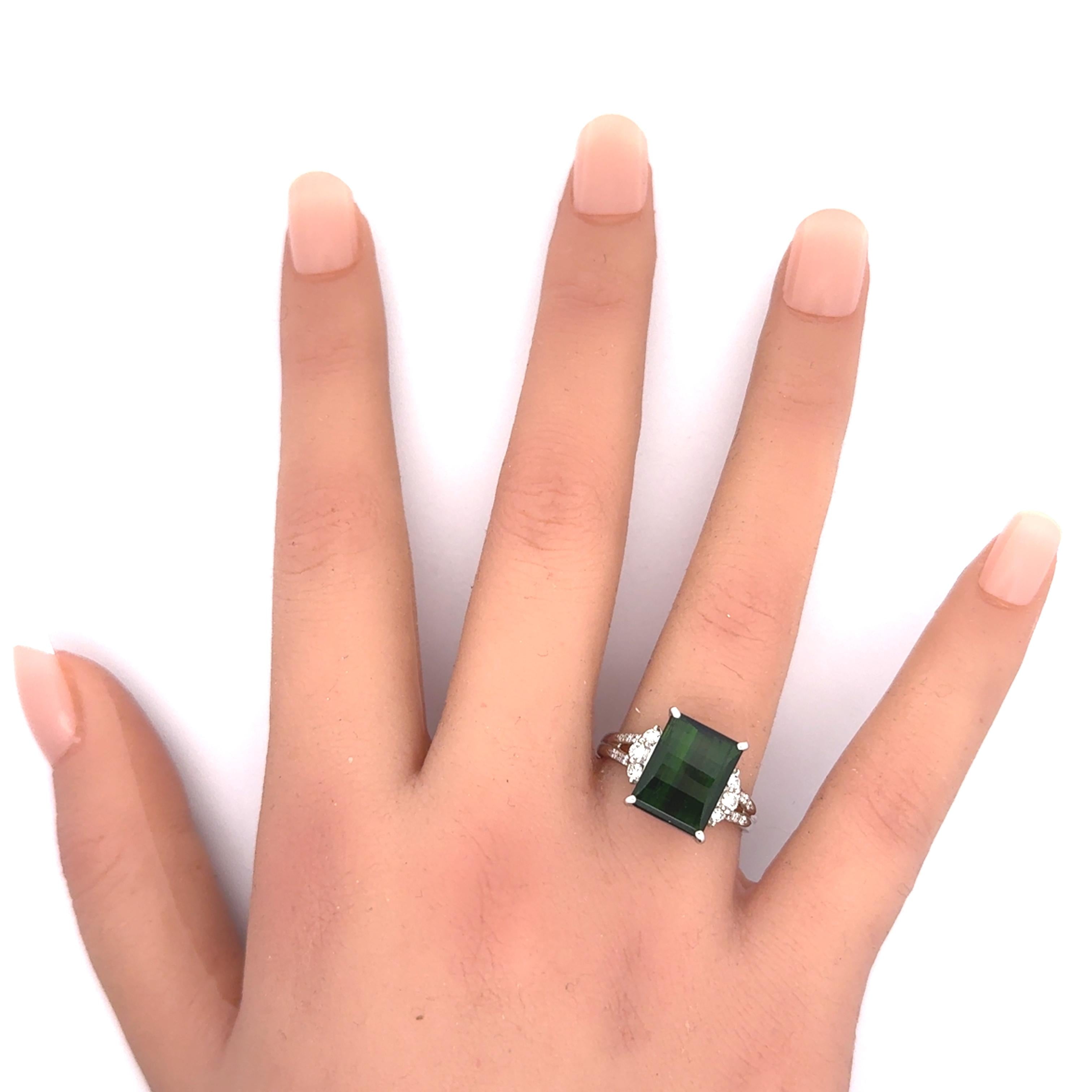 5.69 Carat Green Rectangular Tourmaline Diamond Platinum Ring