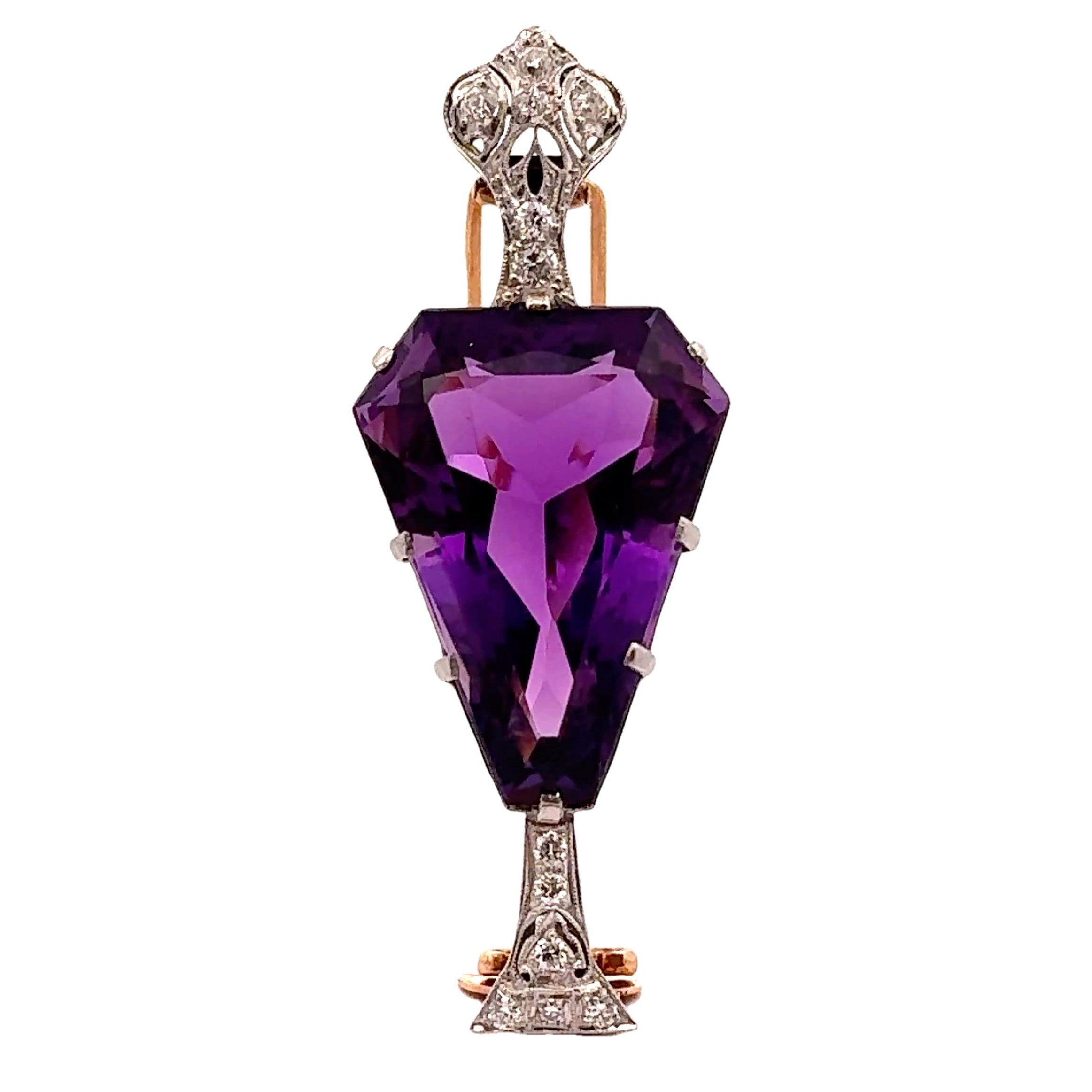 Antique 35.00 Carat Amethyst Diamond Platinum & 14k Yellow Gold Brooch