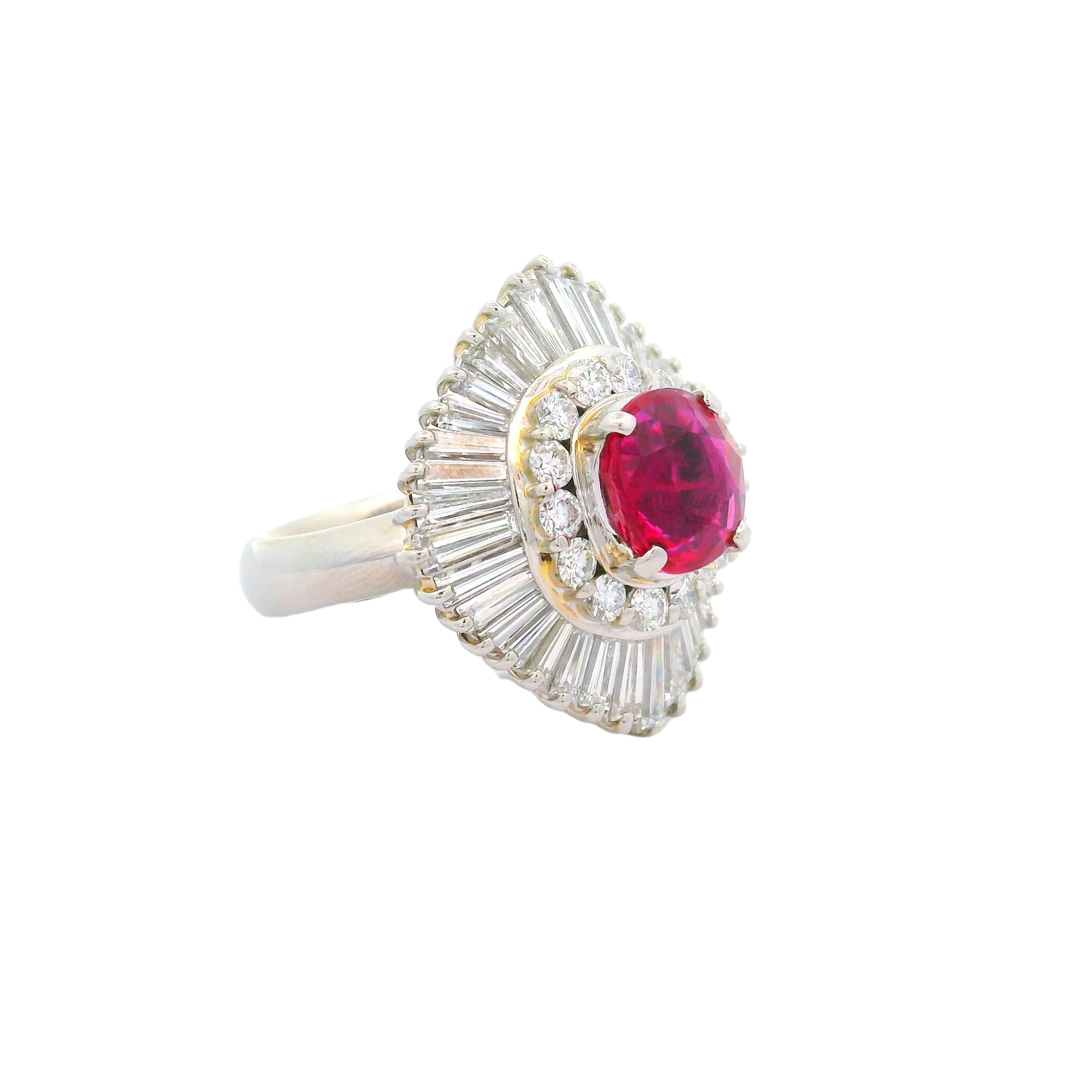 2.63 Carat Thai Ruby Diamond Ballerina Platinum Ring, GRS Certified