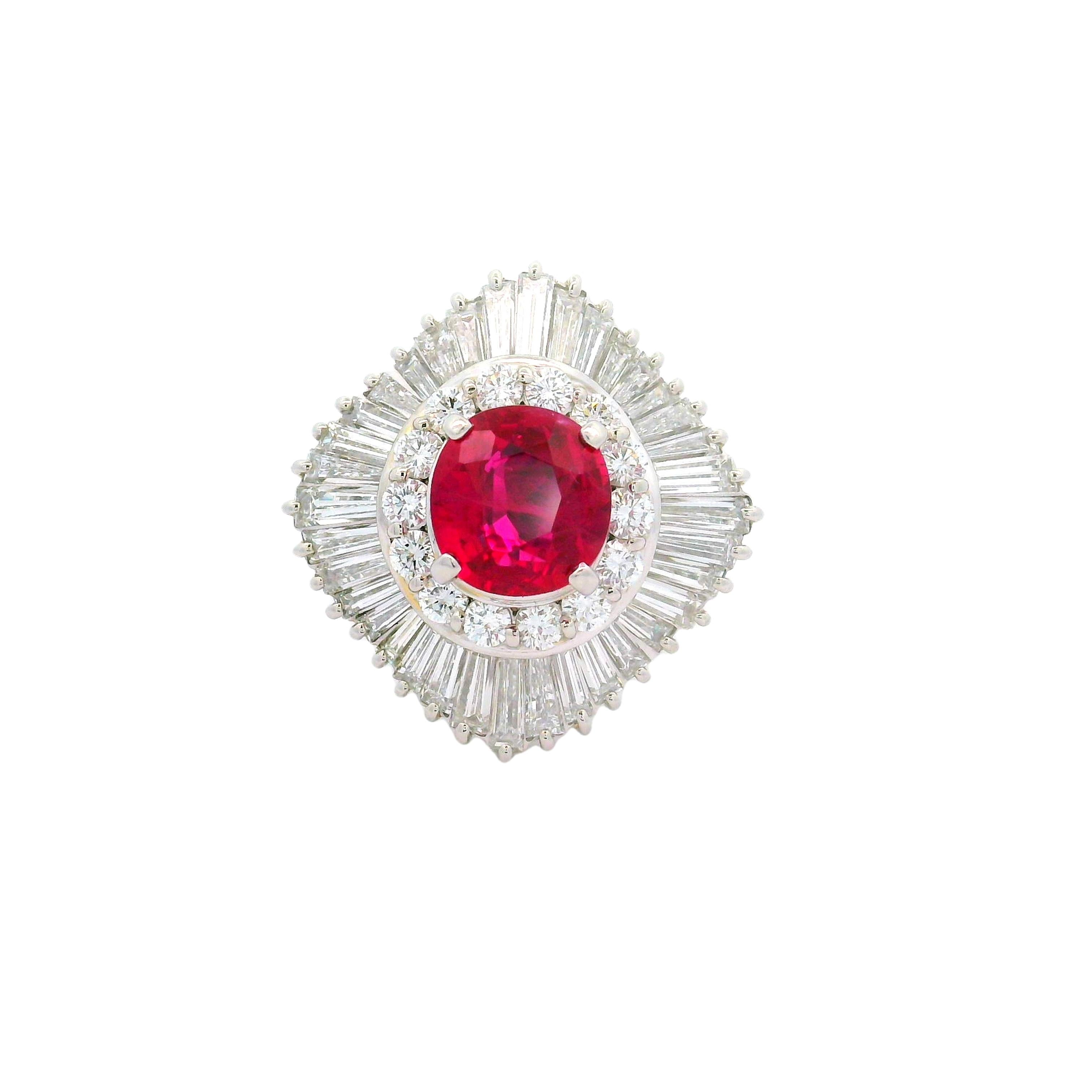 2.63 Carat Thai Ruby Diamond Ballerina Platinum Ring, GRS Certified