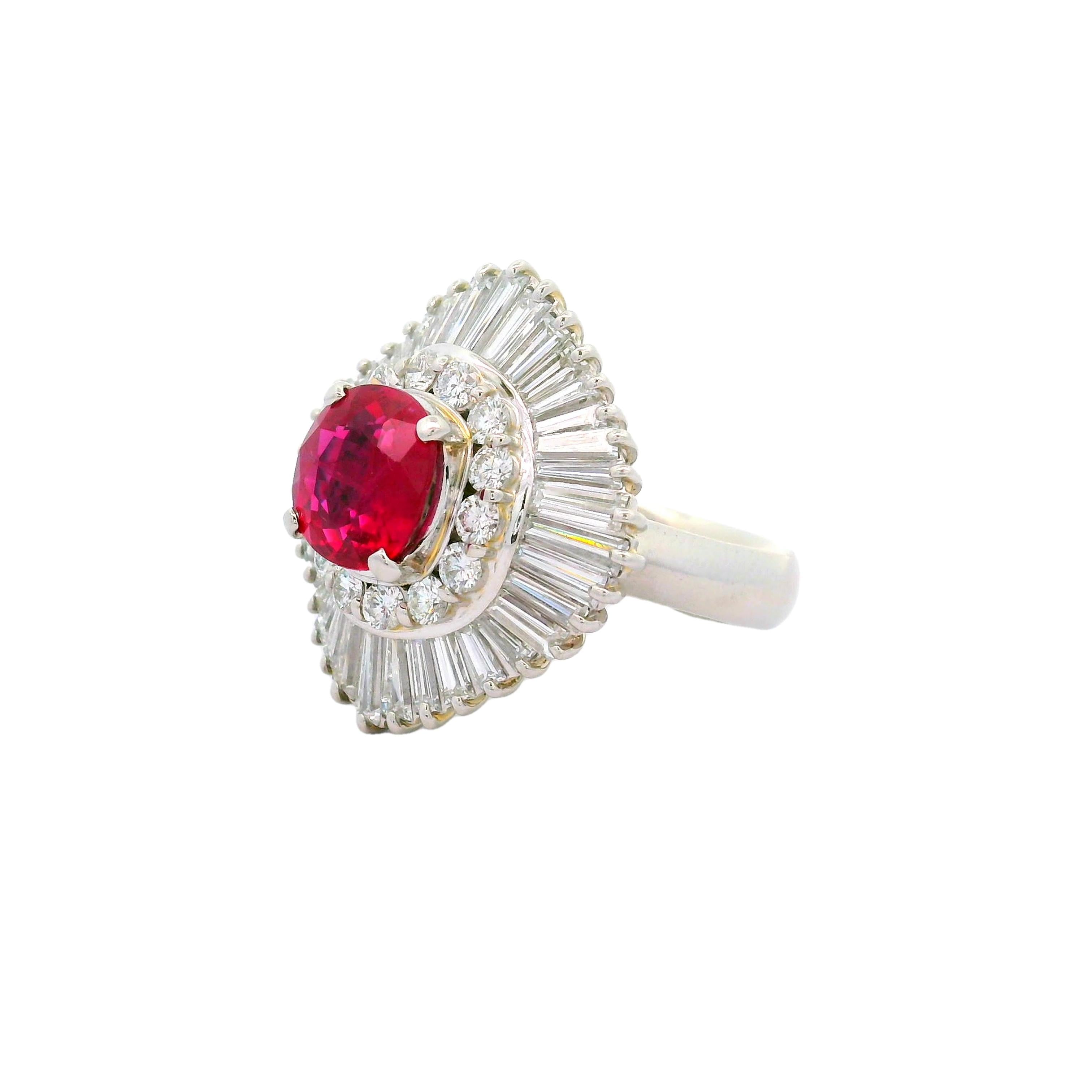 2.63 Carat Thai Ruby Diamond Ballerina Platinum Ring, GRS Certified