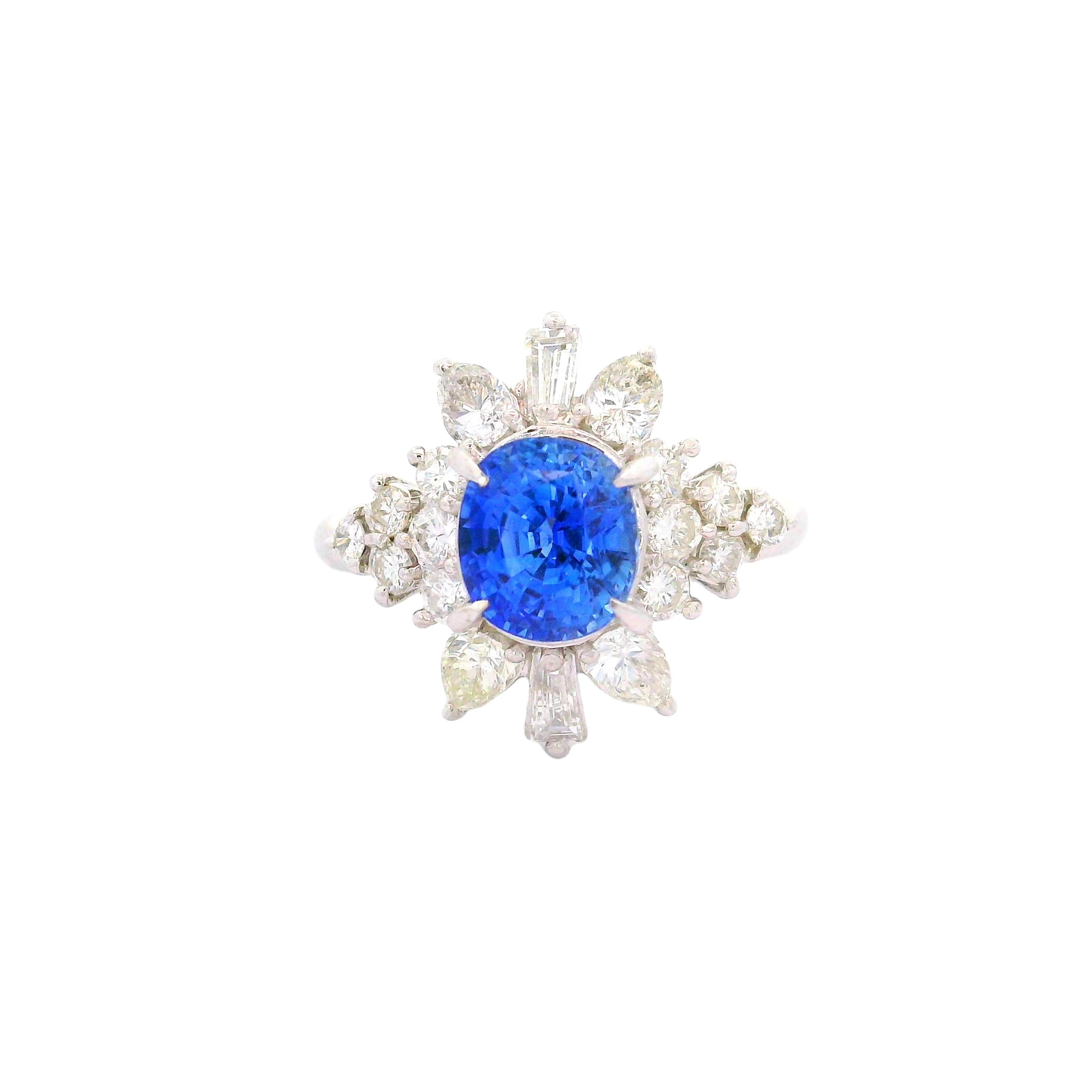 2.29 Carat Blue Sapphire Diamond Platinum Starburst Ring