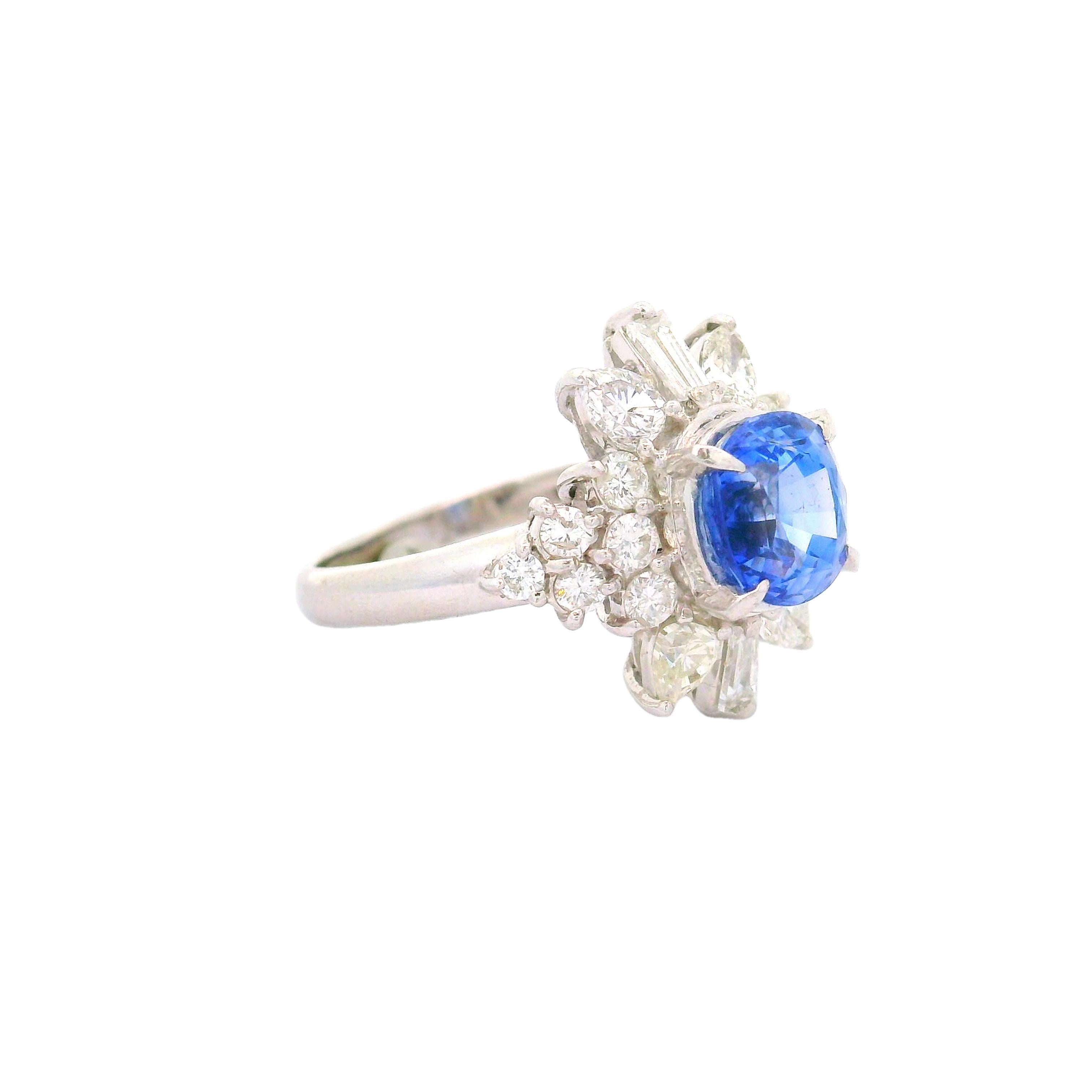 2.29 Carat Blue Sapphire Diamond Platinum Starburst Ring