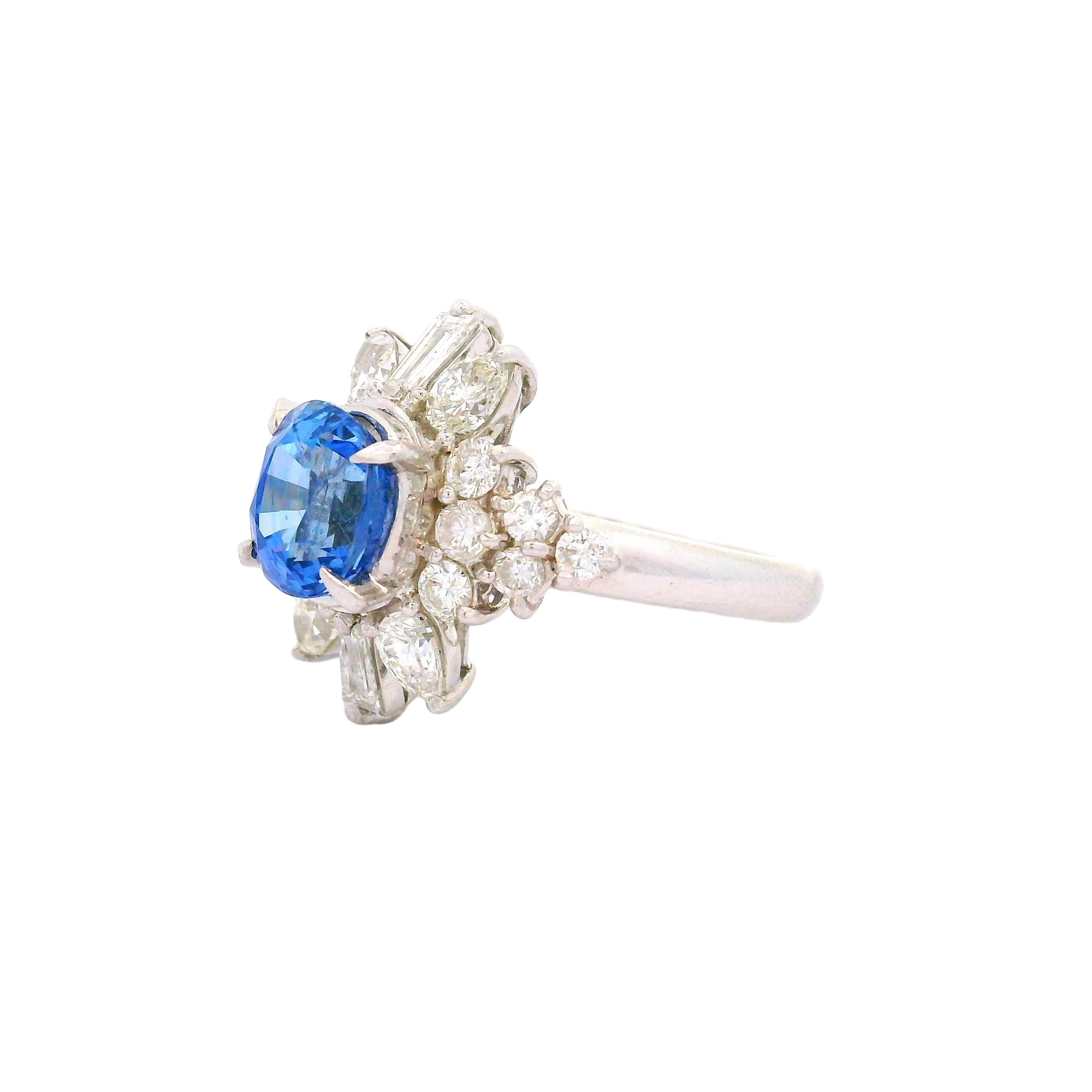 2.29 Carat Blue Sapphire Diamond Platinum Starburst Ring