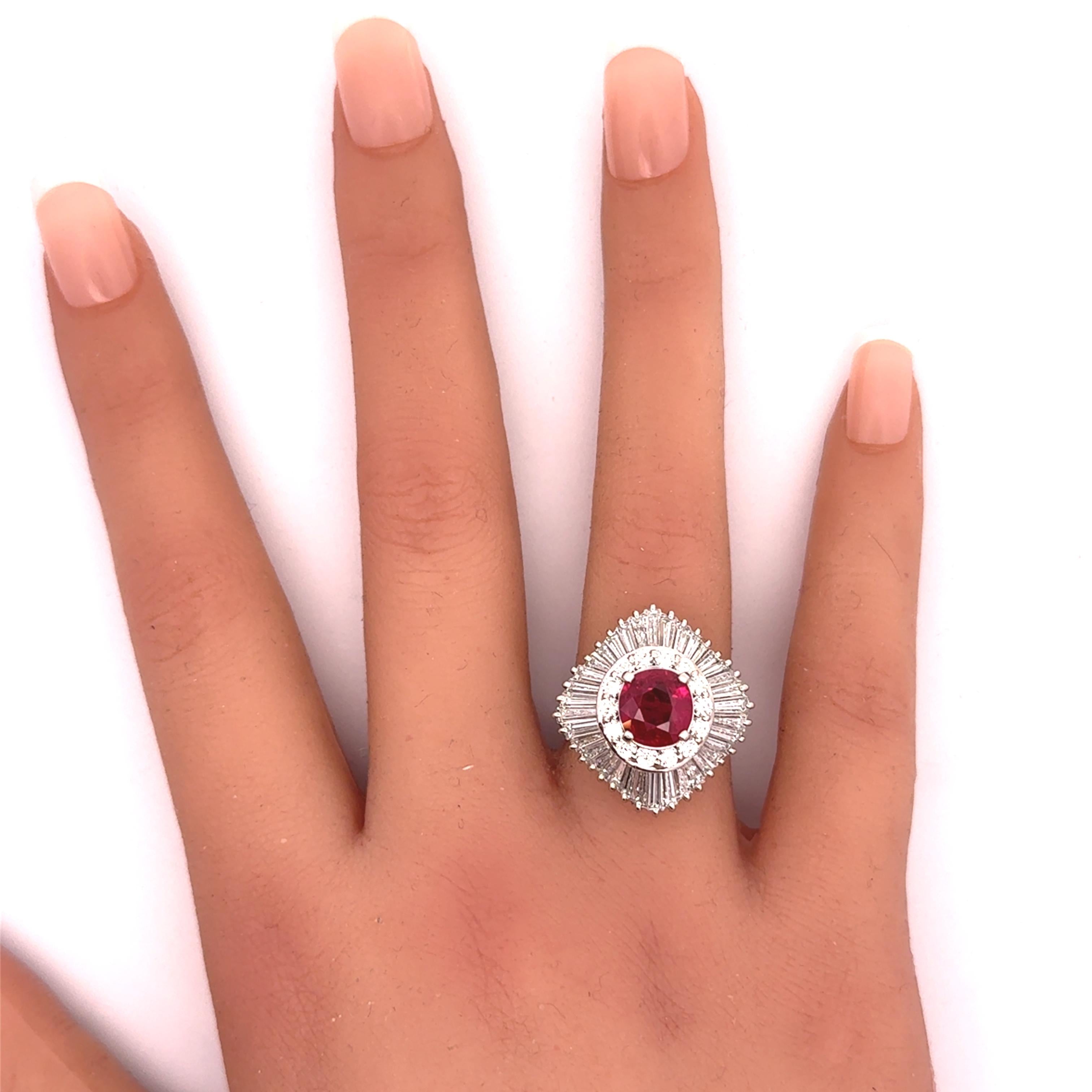 2.63 Carat Thai Ruby Diamond Ballerina Platinum Ring, GRS Certified