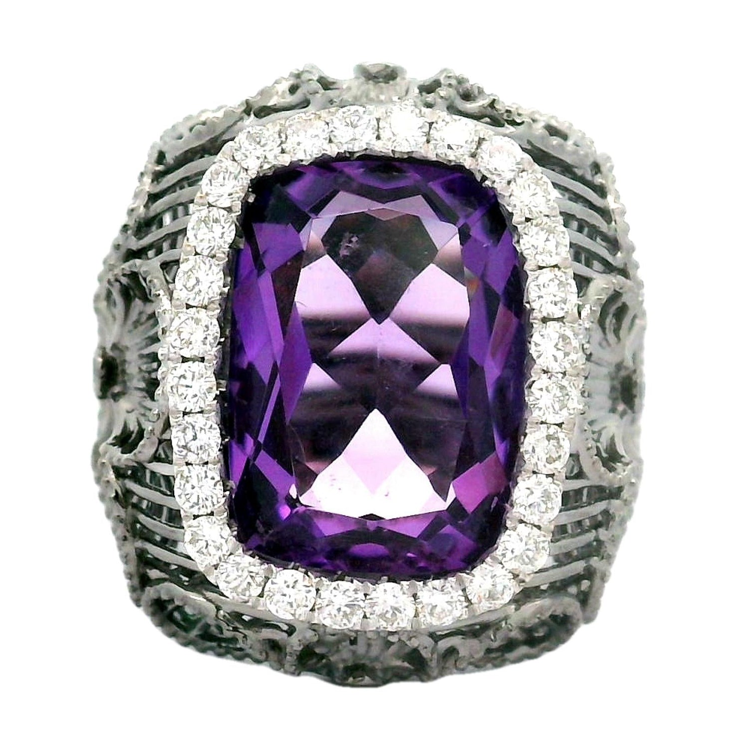 5.88 Carat Amethyst Aquamarine Diamond 18k Rhodium Gold Halo Ring