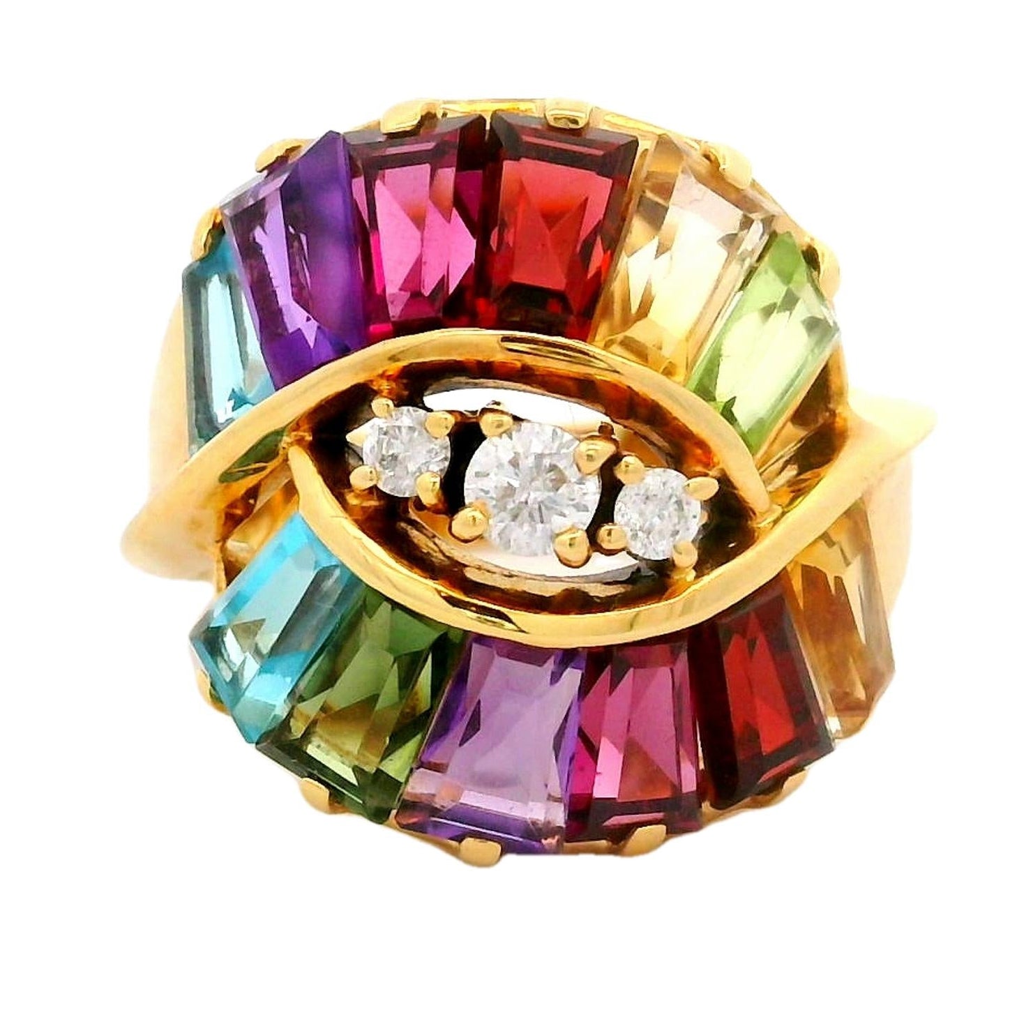 Multi-color Gemstones Diamond 18k Yellow Gold Ring