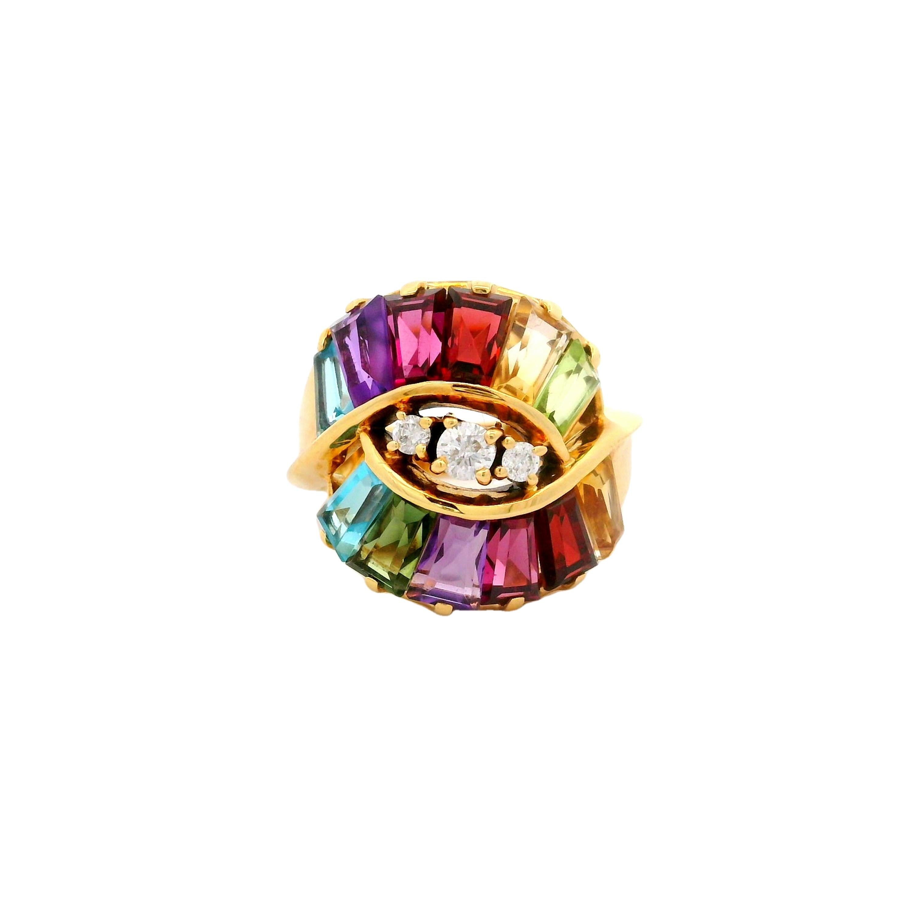 Multi-color Gemstones Diamond 18k Yellow Gold Ring