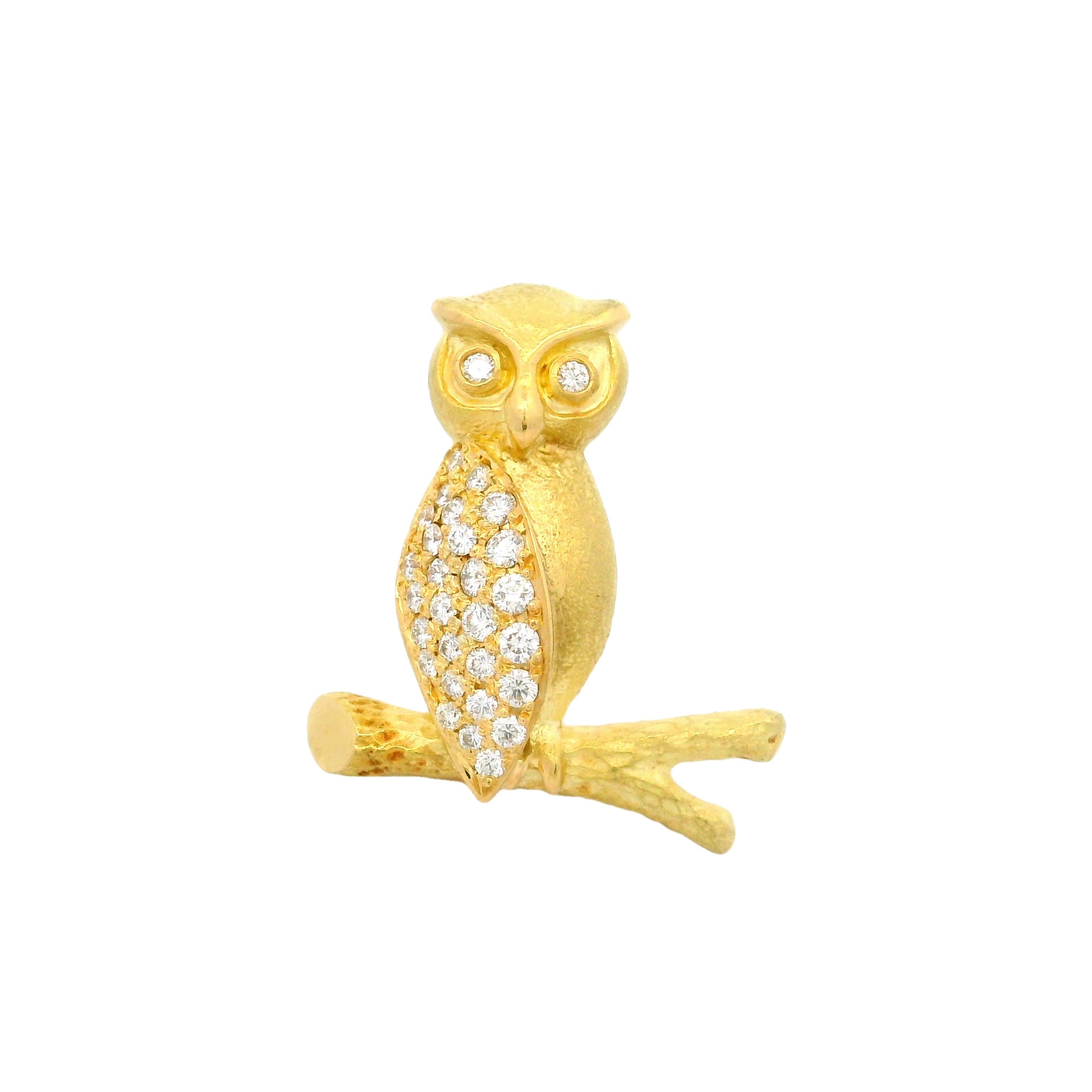 Diamond 18k Yellow Gold Owl Brooch