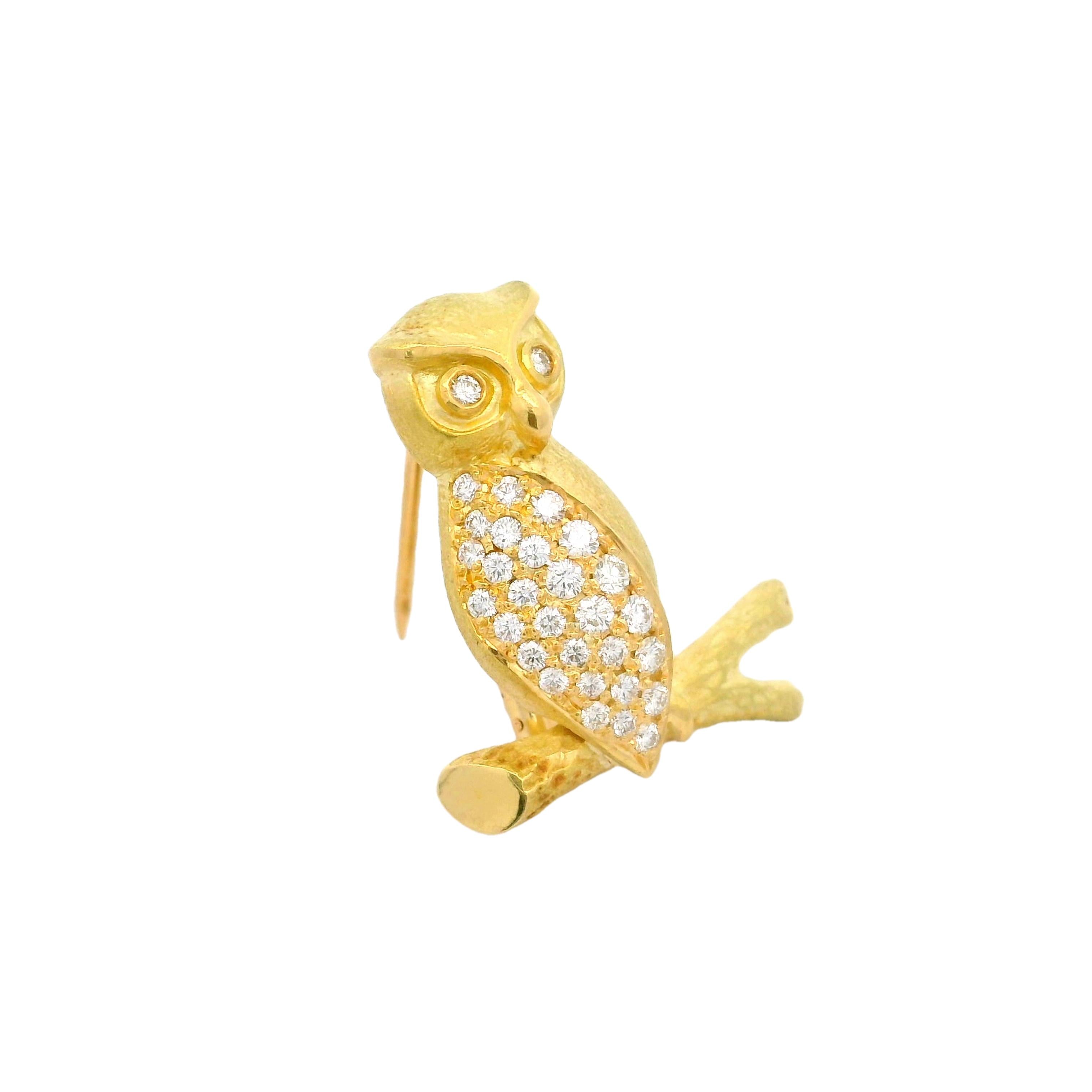 Diamond 18k Yellow Gold Owl Brooch