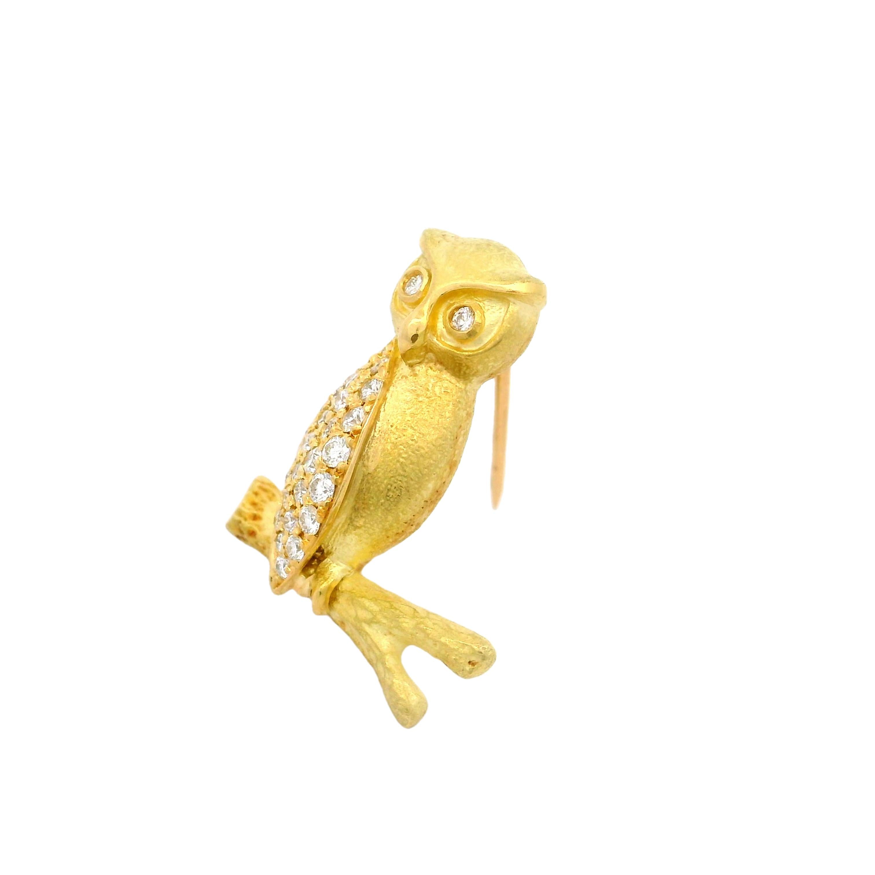 Diamond 18k Yellow Gold Owl Brooch