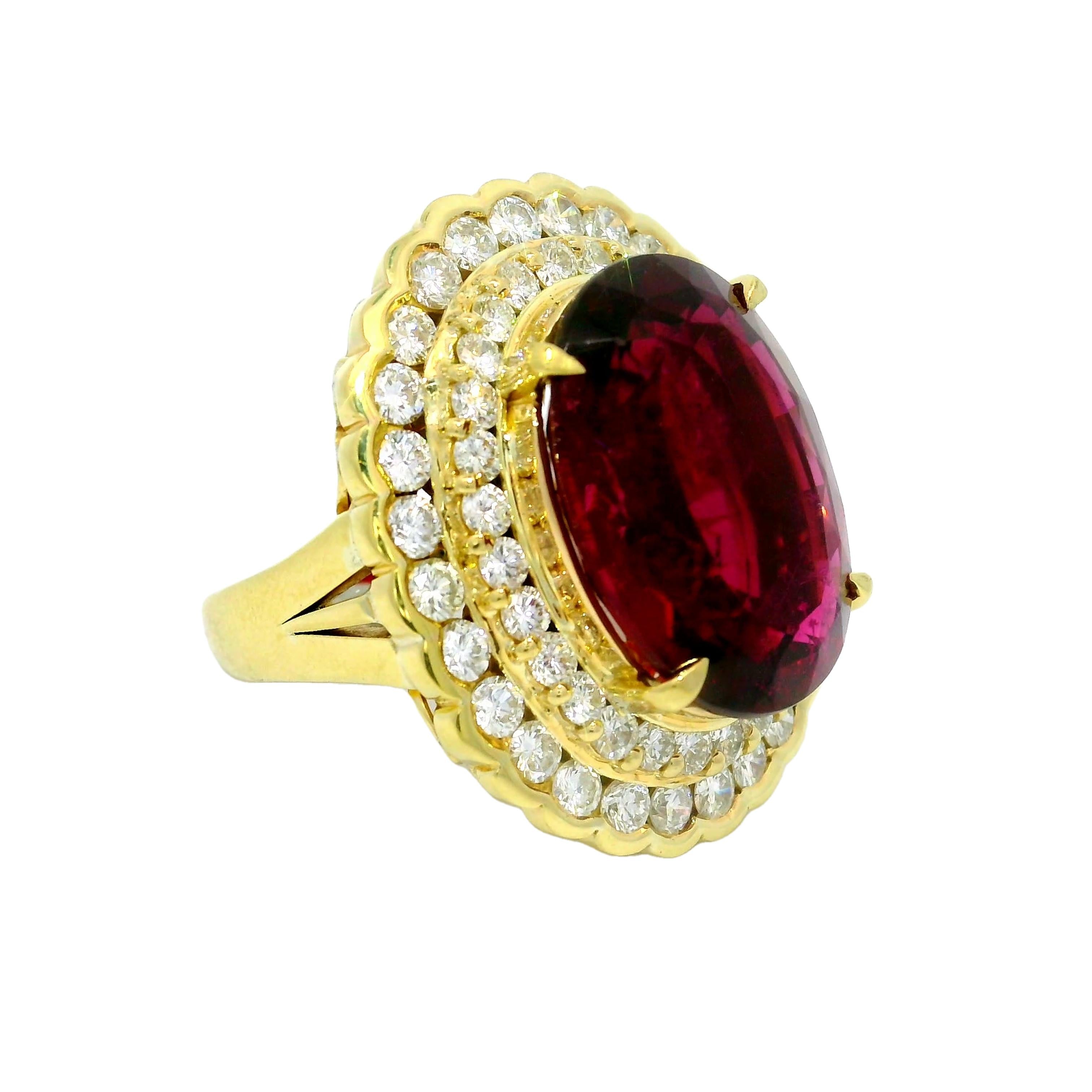 15.74 Rubellite Tourmaline Diamond Double Halo 18k Yellow Gold Cocktail Ring