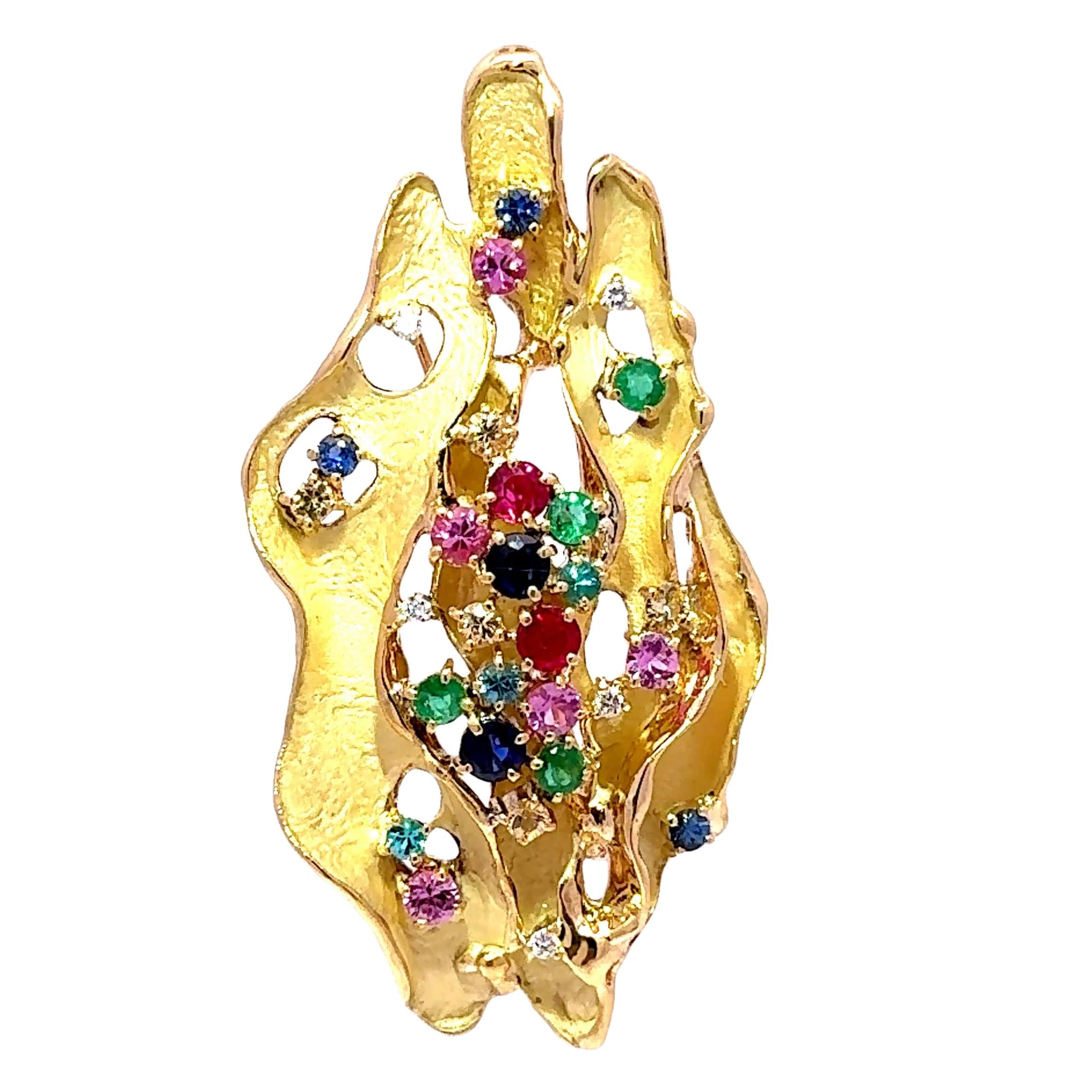 Multi-color Gemstone Diamond 18k Yellow Gold Freeform Brooch