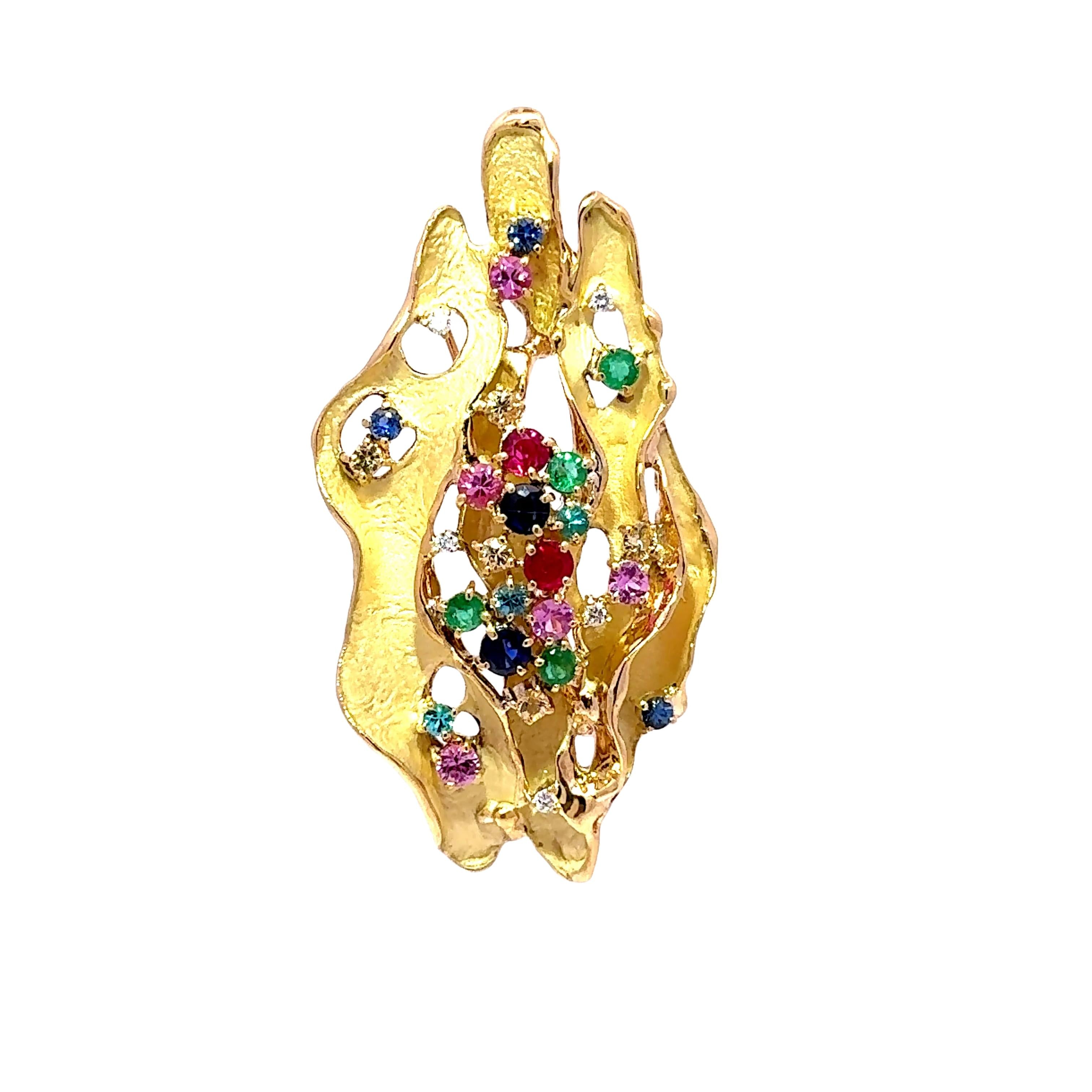 Multi-color Gemstone Diamond 18k Yellow Gold Freeform Brooch