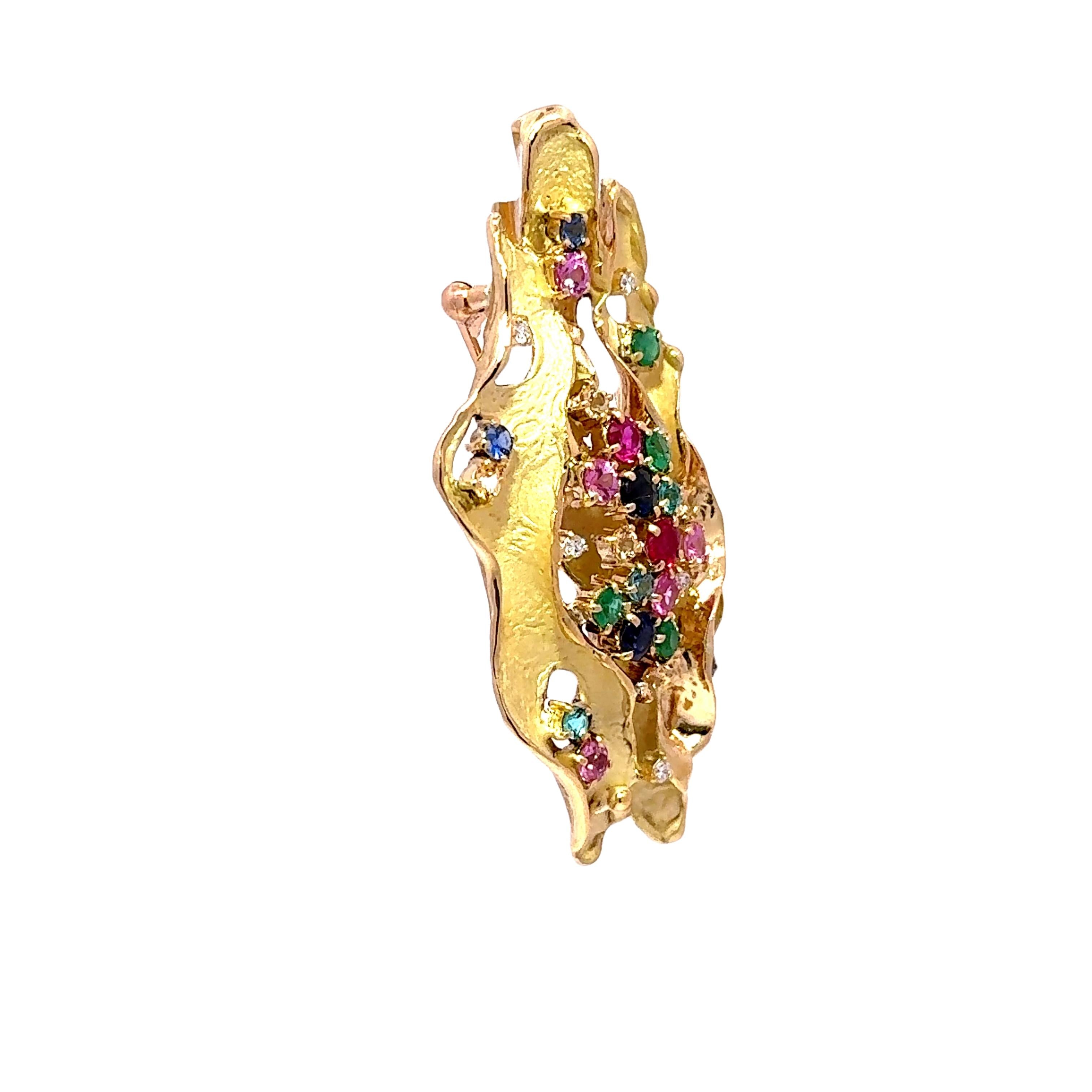 Multi-color Gemstone Diamond 18k Yellow Gold Freeform Brooch