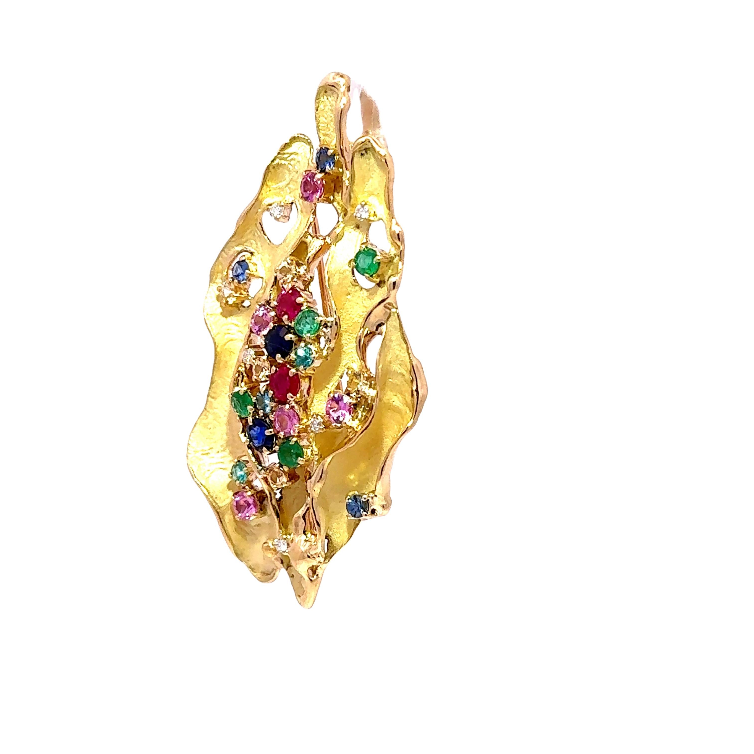 Multi-color Gemstone Diamond 18k Yellow Gold Freeform Brooch