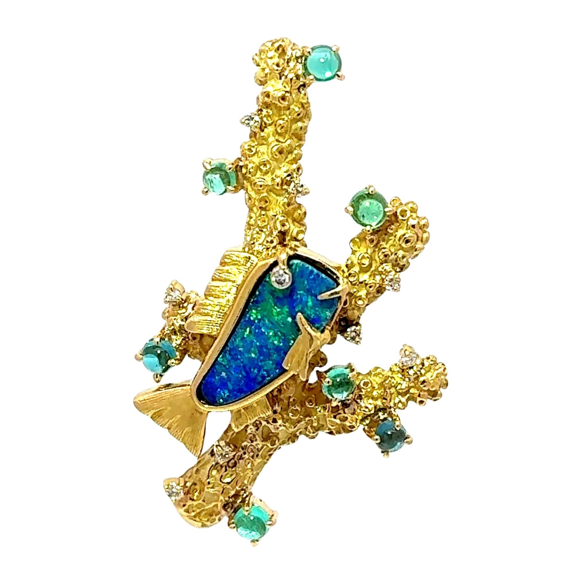 Boulder Opal Tourmaline Paraiba Diamond 18k Yellow Gold Fish Coral Brooch