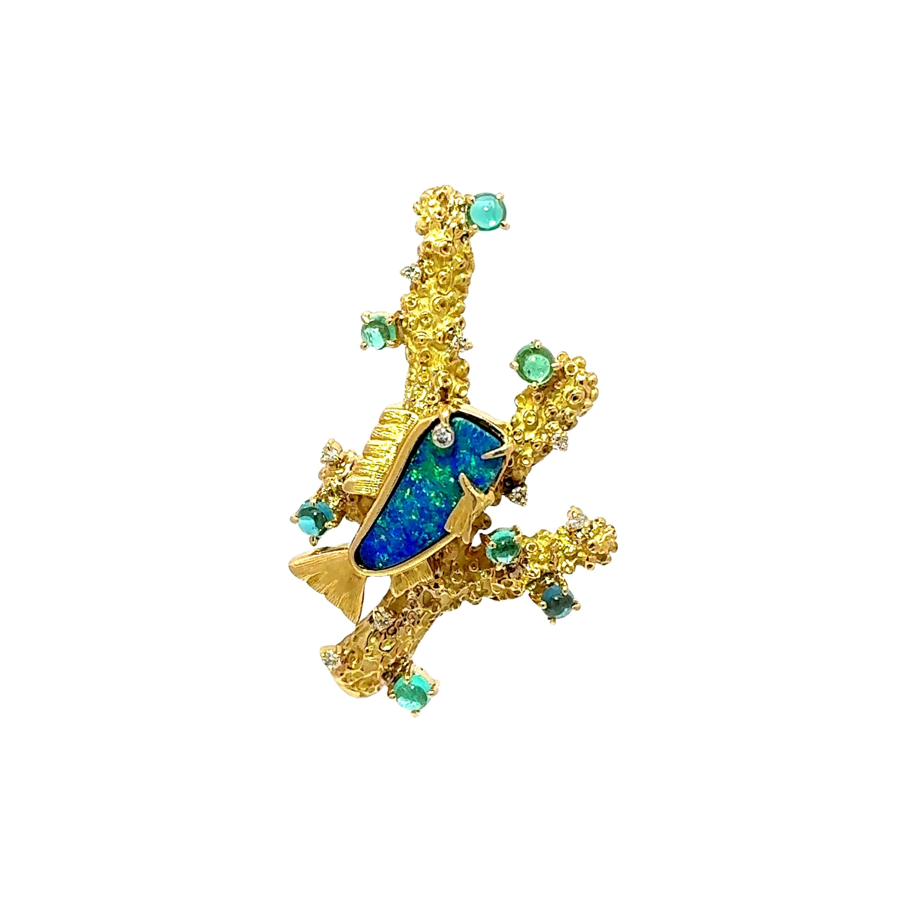 Boulder Opal Tourmaline Paraiba Diamond 18k Yellow Gold Fish Coral Brooch