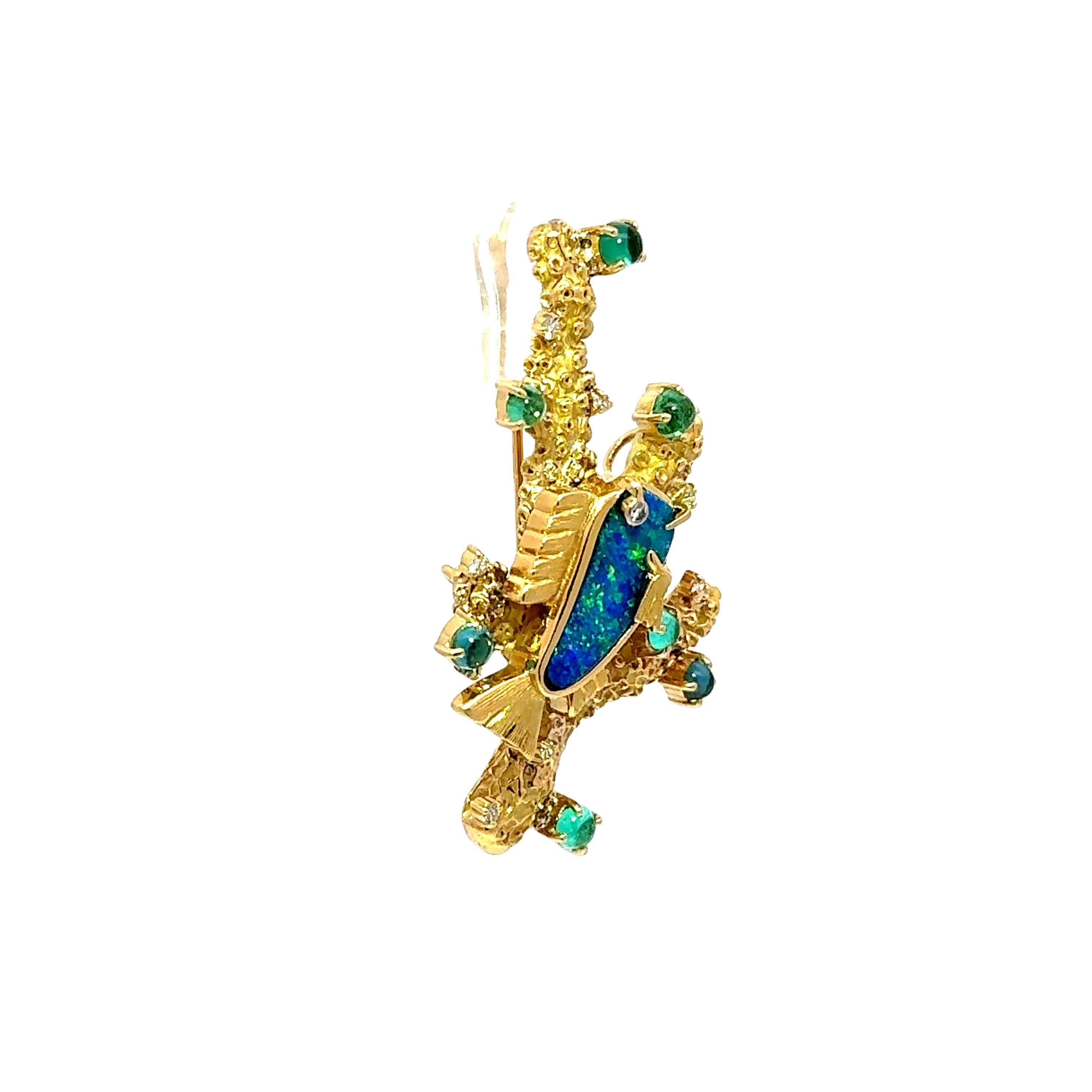 Boulder Opal Tourmaline Paraiba Diamond 18k Yellow Gold Fish Coral Brooch