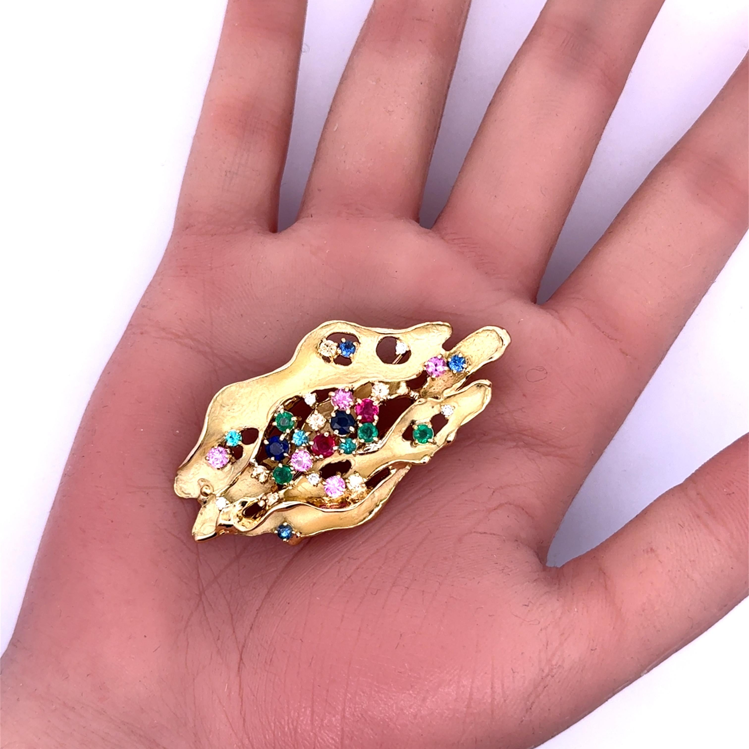 Multi-color Gemstone Diamond 18k Yellow Gold Freeform Brooch