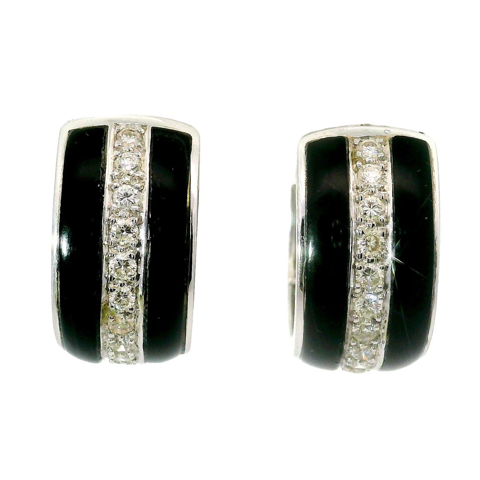 Black Onyx Diamond 18k White Gold Huggie Hoop Earrings