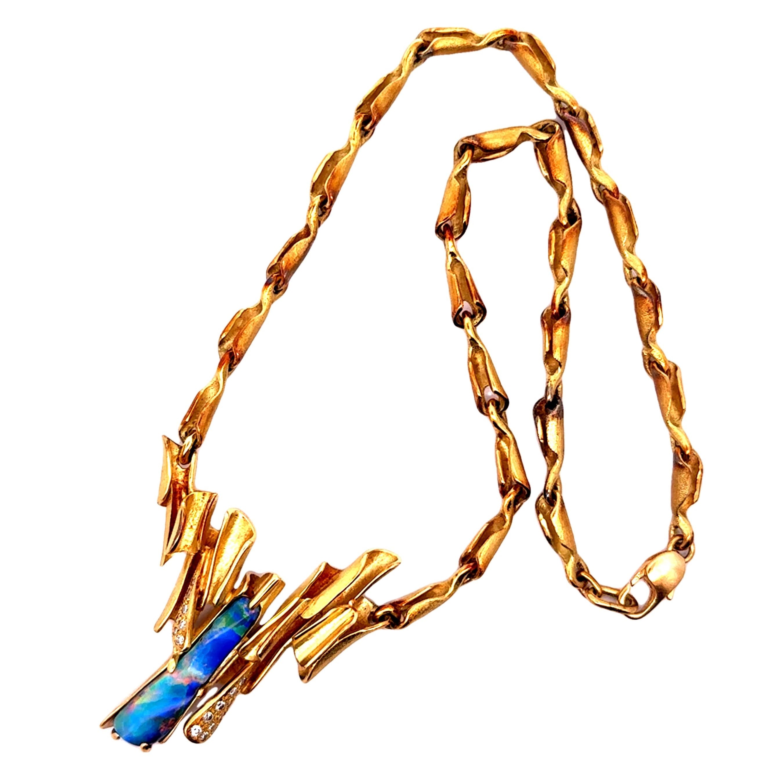 15 Carat Australian Boulder Opal Diamond 18k Yellow Gold Necklace