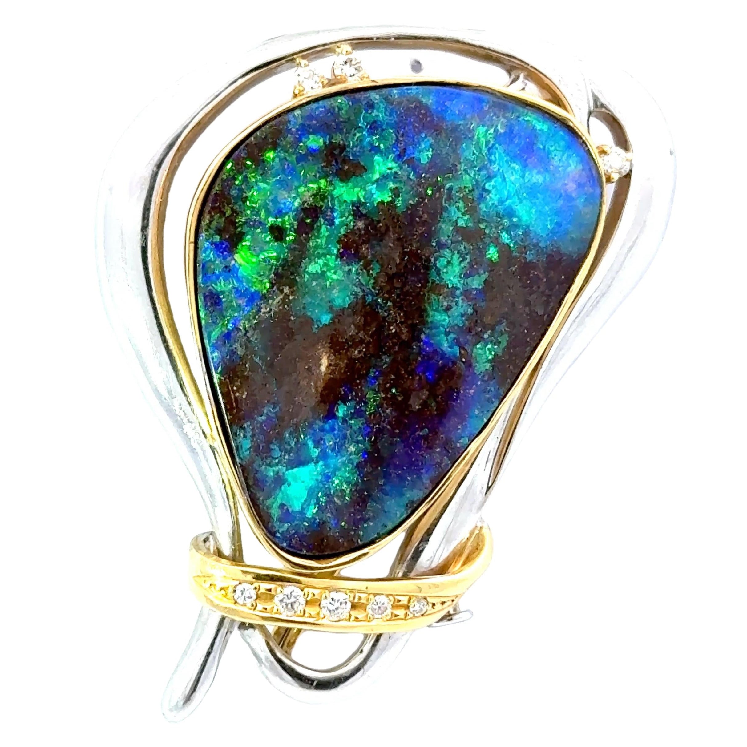 32.41 Carat Australian Boulder Opal Diamond 18K Yellow Gold & Platinum Brooch