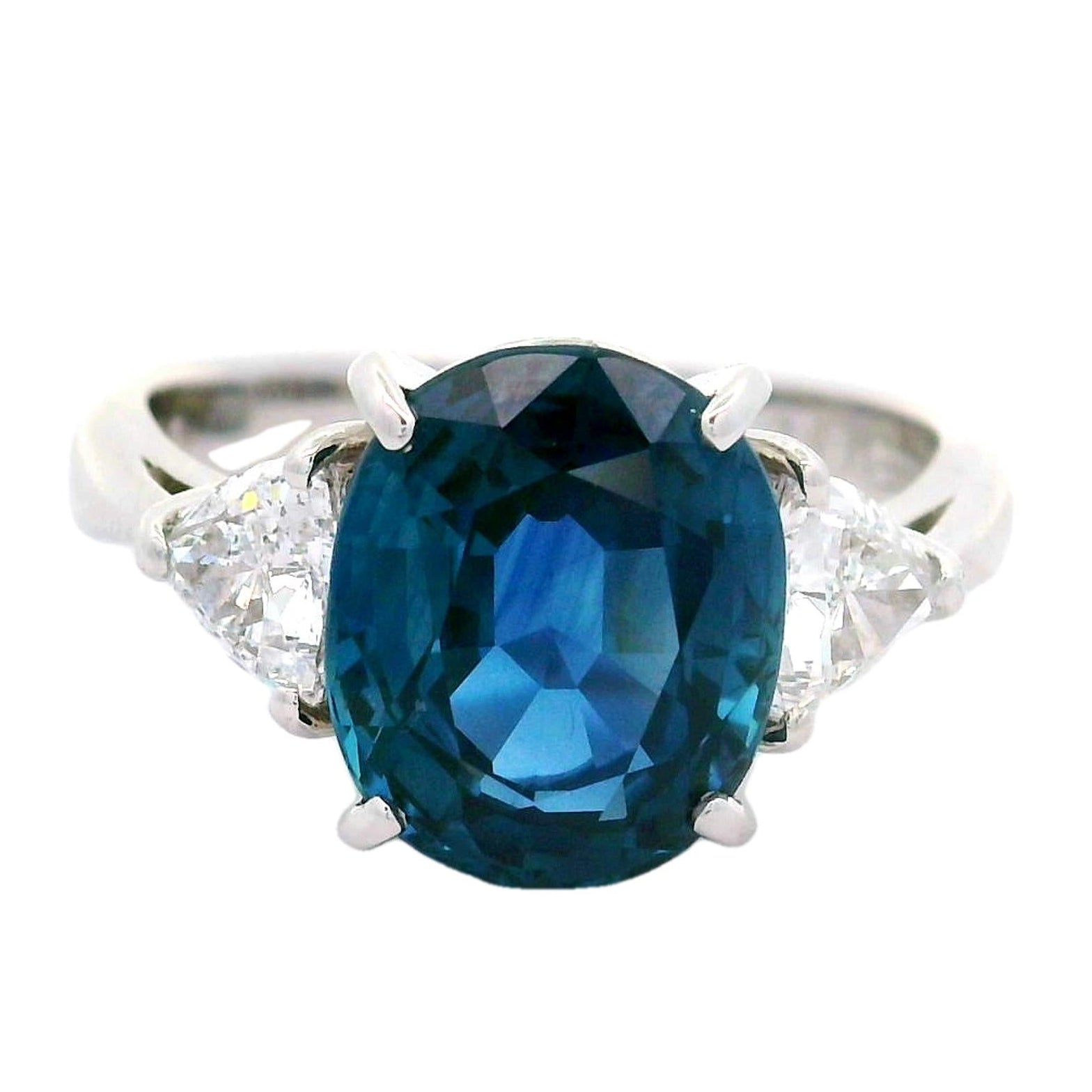4.32 Carat Blue Sapphire Diamond Three-Stone Platinum Ring