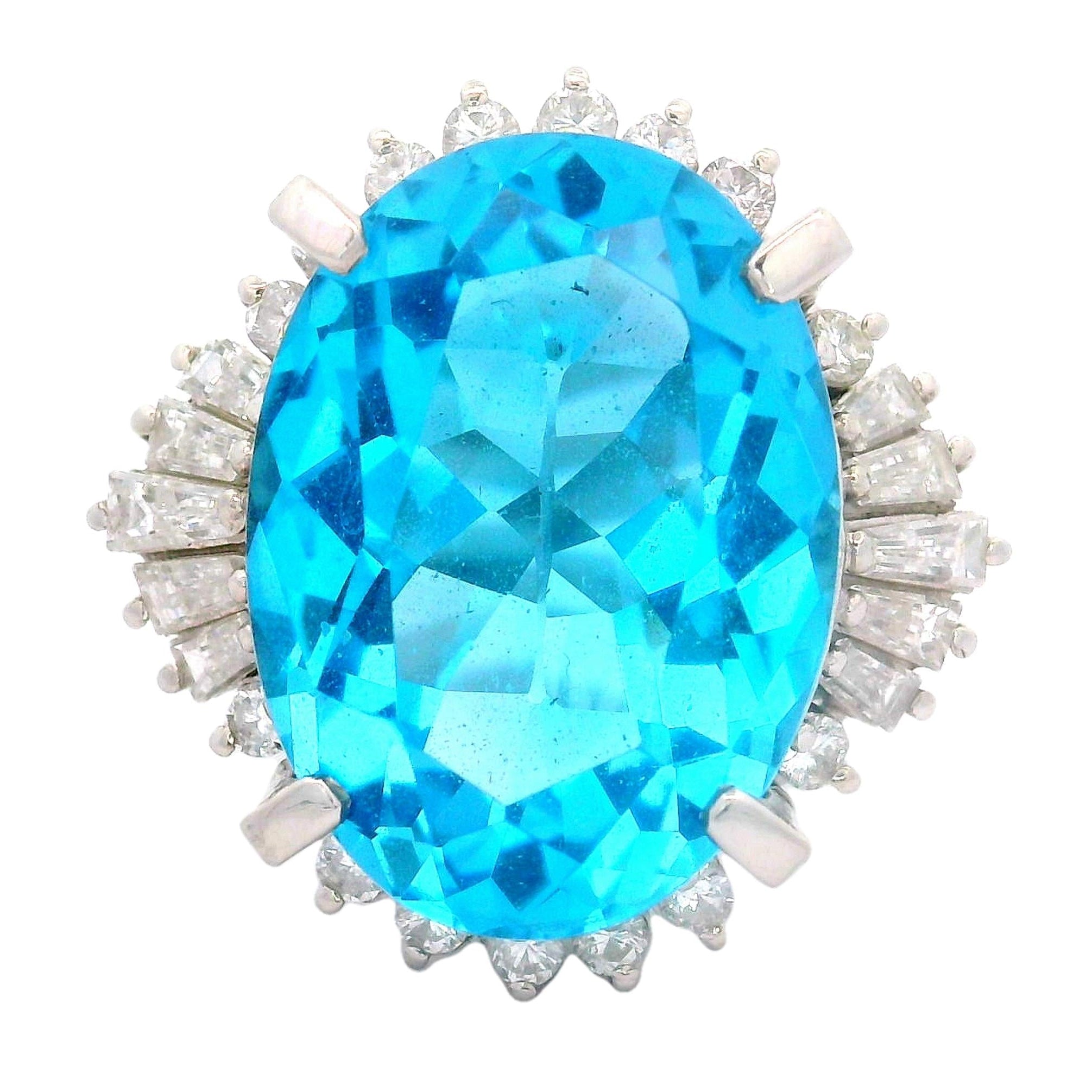 14.16 Carat Blue Topaz Diamond Platinum Ring
