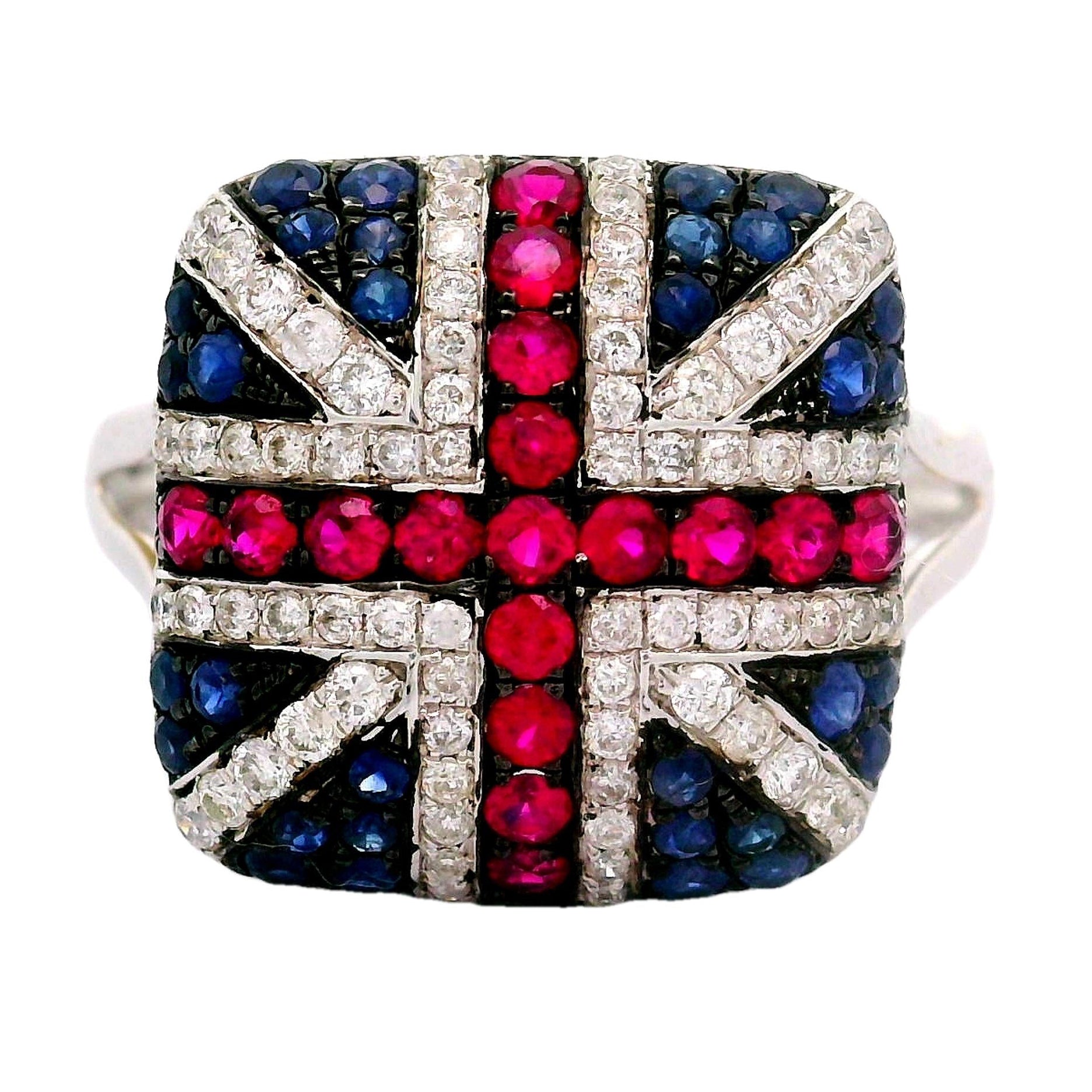 Ruby Sapphire Diamond 18k White Gold “United Kingdom Flag” Ring