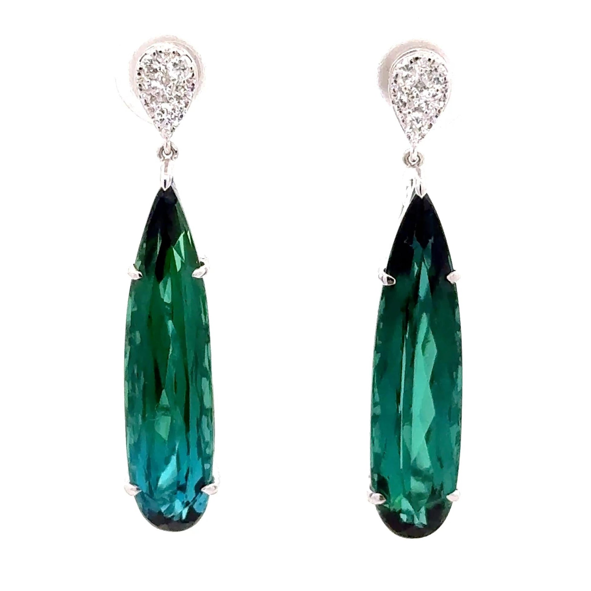 10.90 Carats Indicolite Tourmaline Diamond 14k White Gold Drop Dangle Earrings
