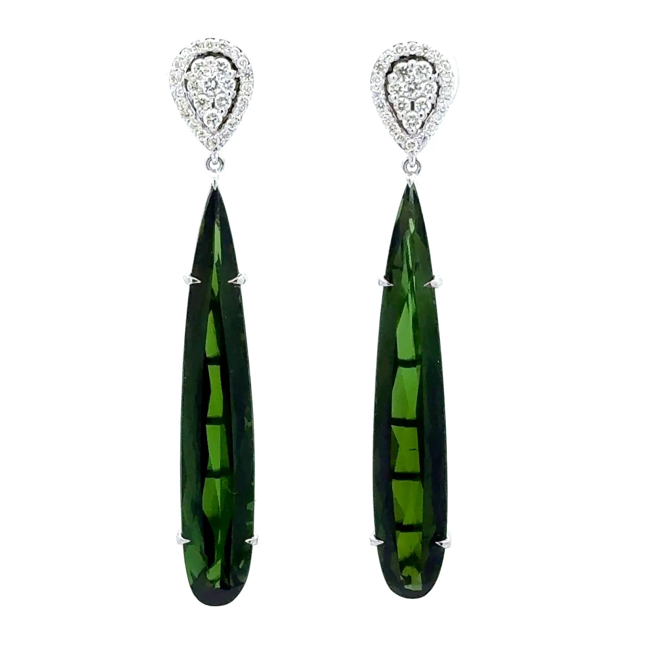 12.48 Carats Green Tourmaline Diamond 14k White Gold Drop Dangle Earrings