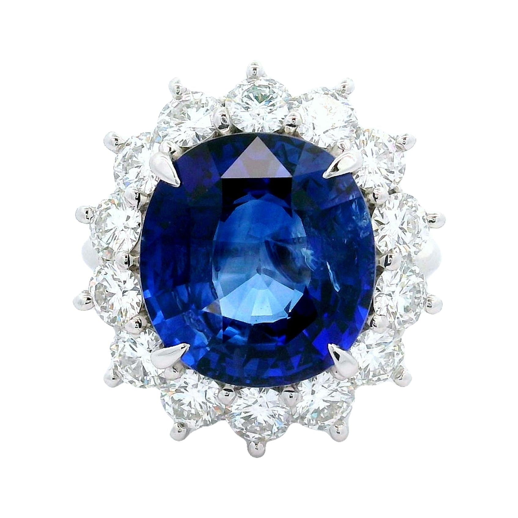 9.97 Carat Ceylon Sapphire Diamond Halo Platinum Ring, GIA Certified