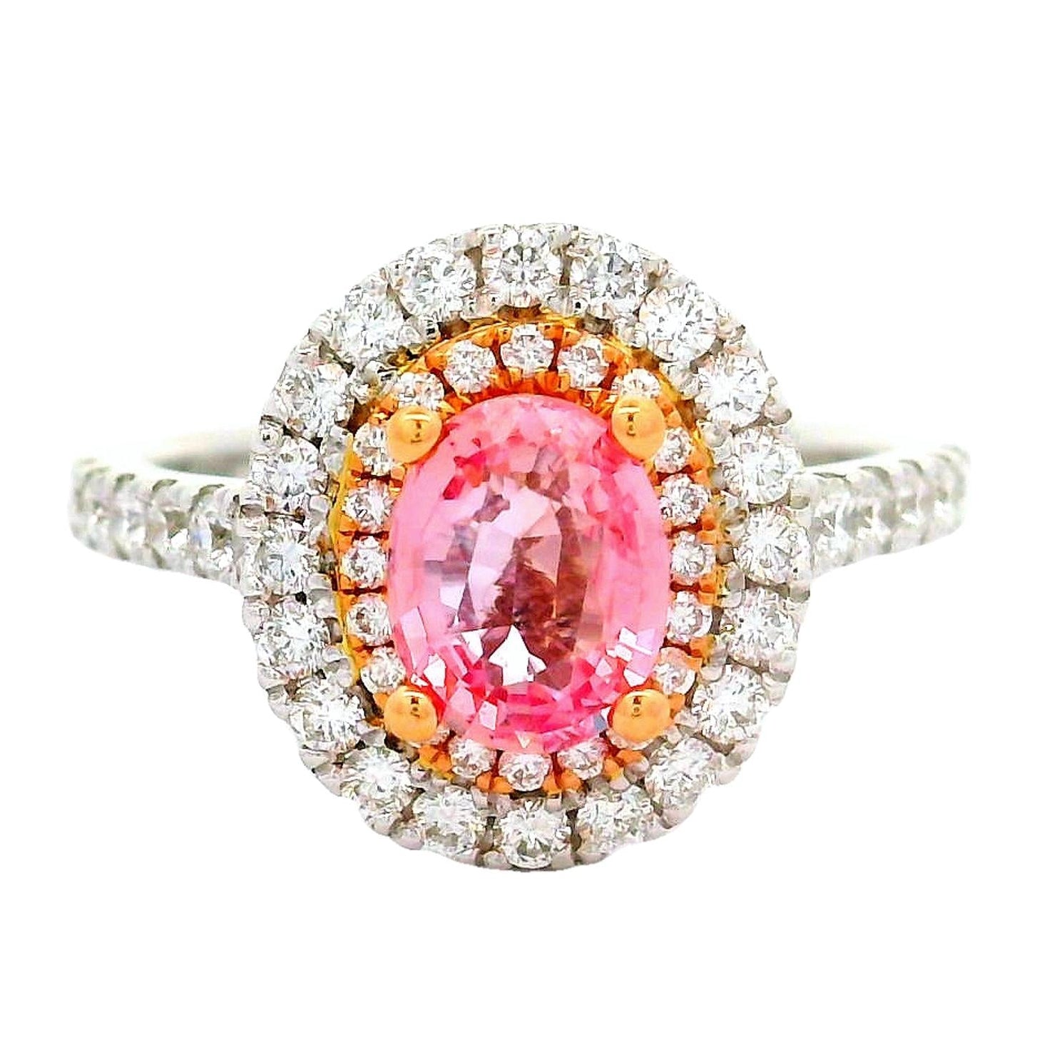 1.15 Carat Padparadscha Sapphire Diamond 18k White Gold Double Halo Ring, GIA
