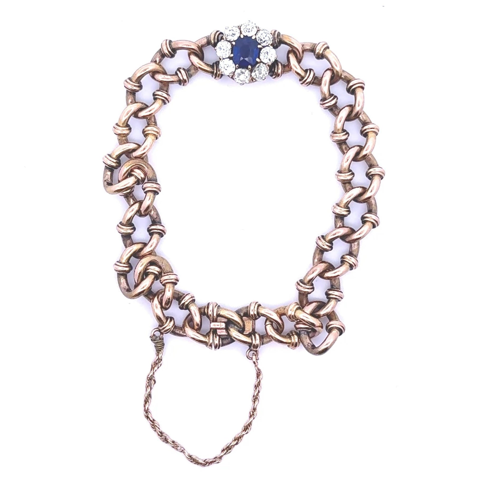 Antique Victorian Sapphire Diamond 18k Yellow Gold Link Bracelet, AGL Certified