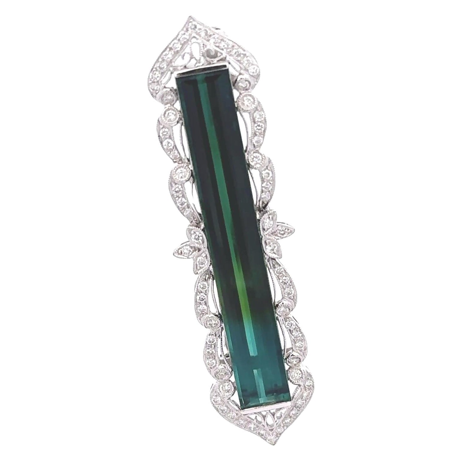 16 Carats Bi-Color Tourmaline Diamond 18k White Gold Antique Style Brooch