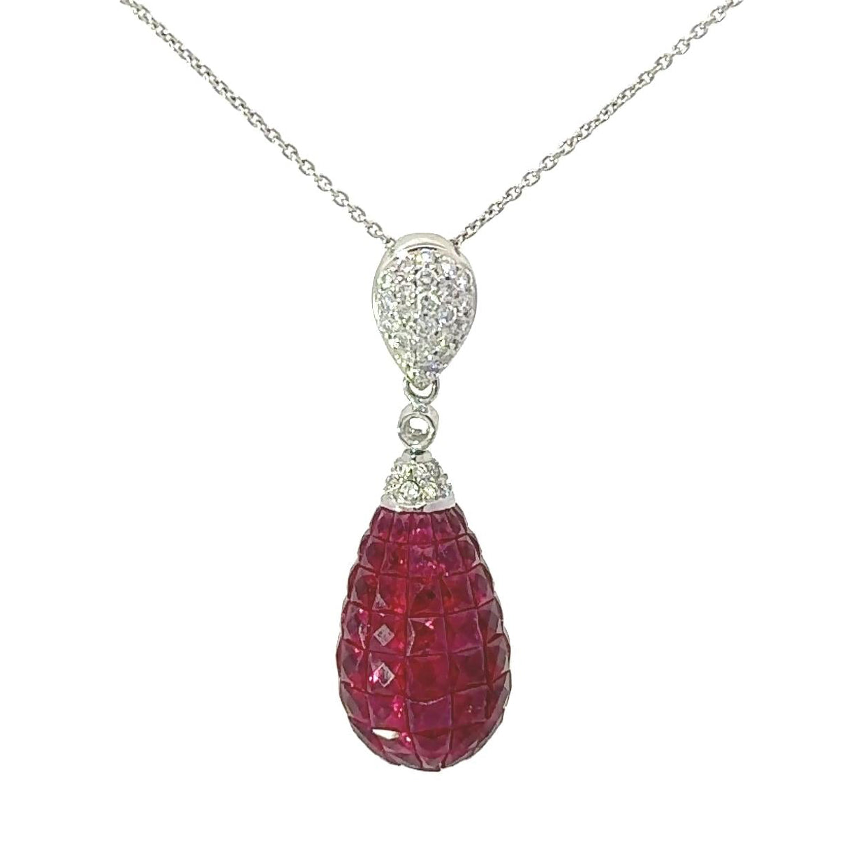 Invisible-Set Ruby Diamond Platinum Drop Pendant Necklace