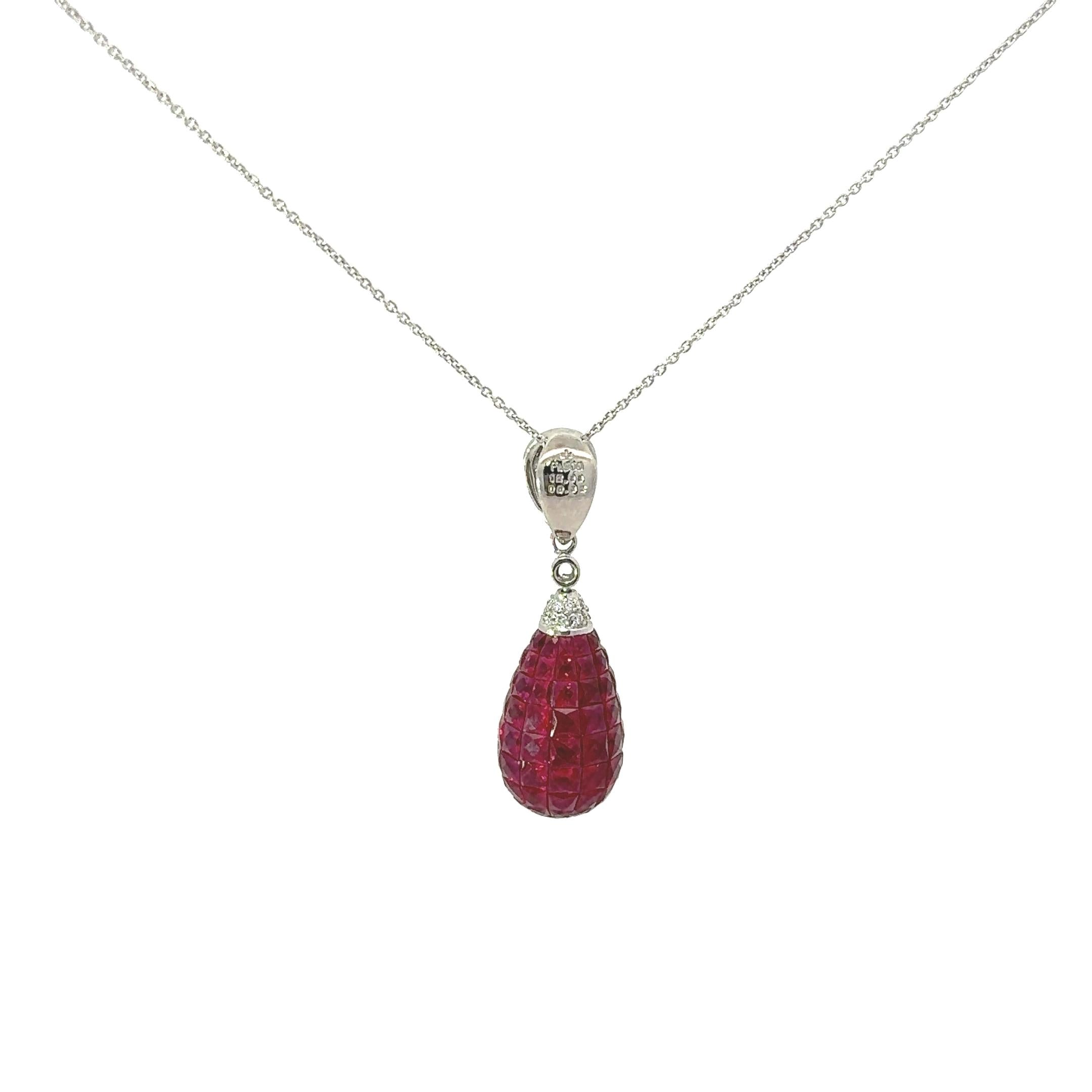 Invisible-Set Ruby Diamond Platinum Drop Pendant Necklace