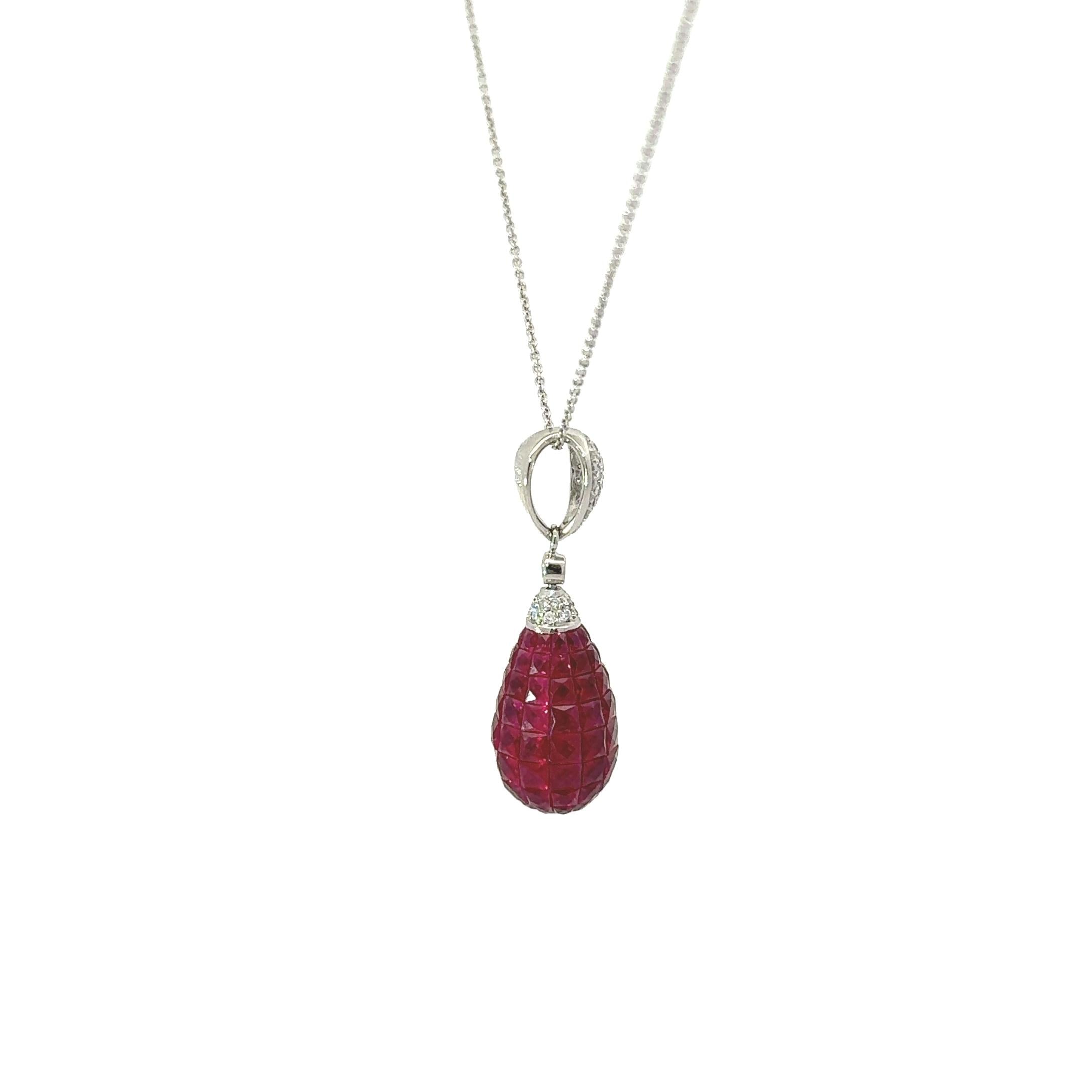 Invisible-Set Ruby Diamond Platinum Drop Pendant Necklace