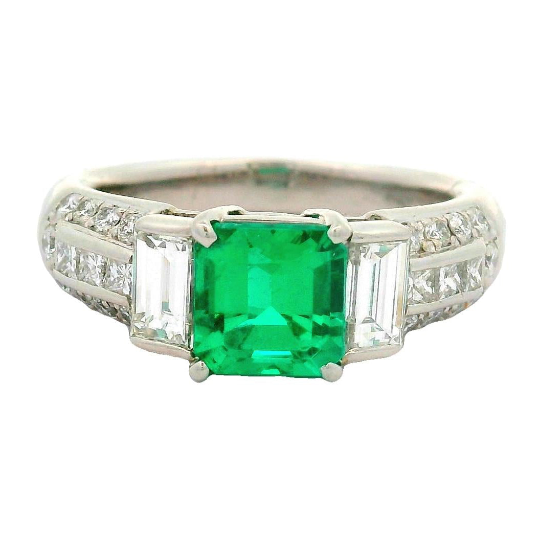 1.41 Carat Colombian Emerald Diamond Platinum Ring, GIA Certified