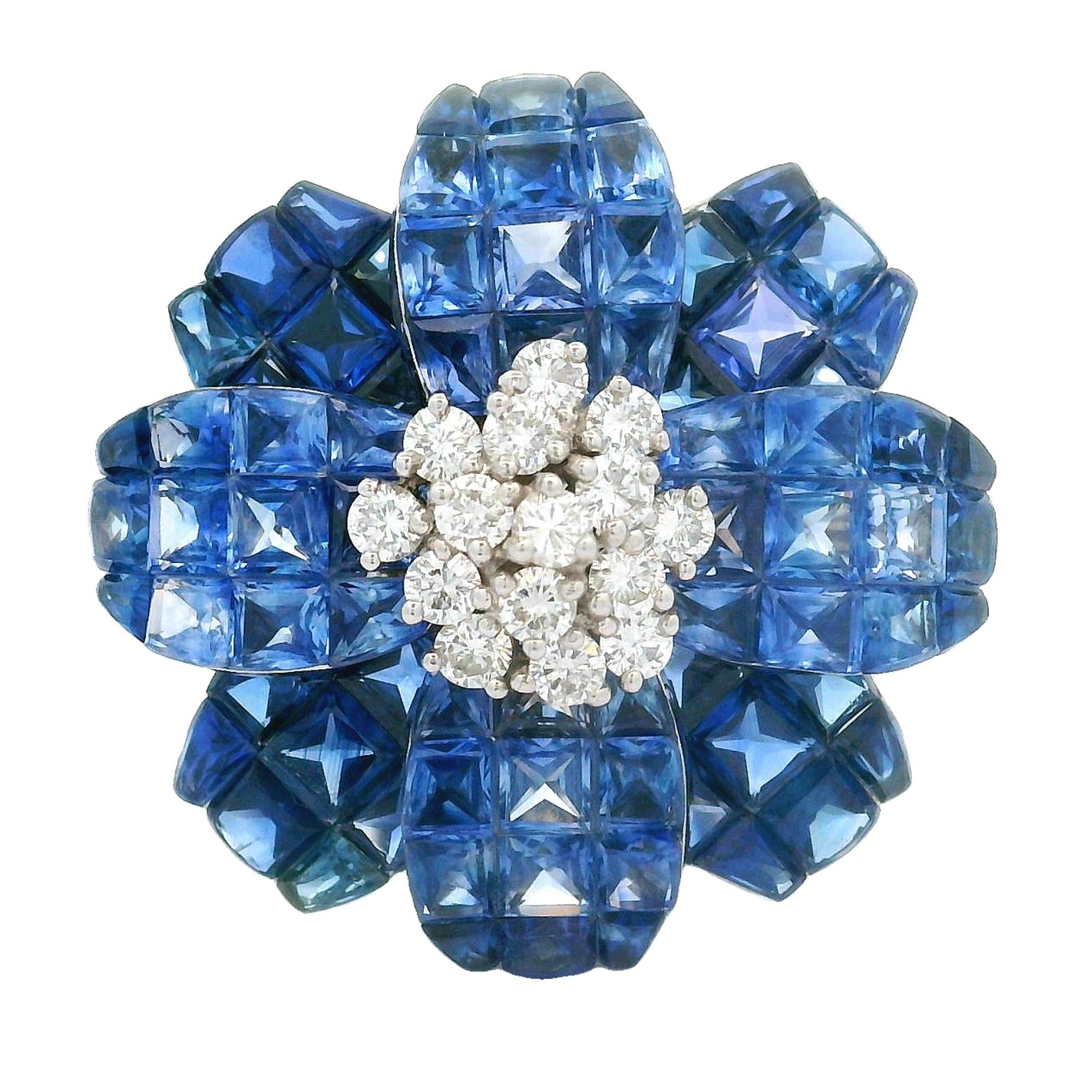 Invisible-Set Blue Sapphire Diamond 18k White Gold Flower Brooch & Pendant