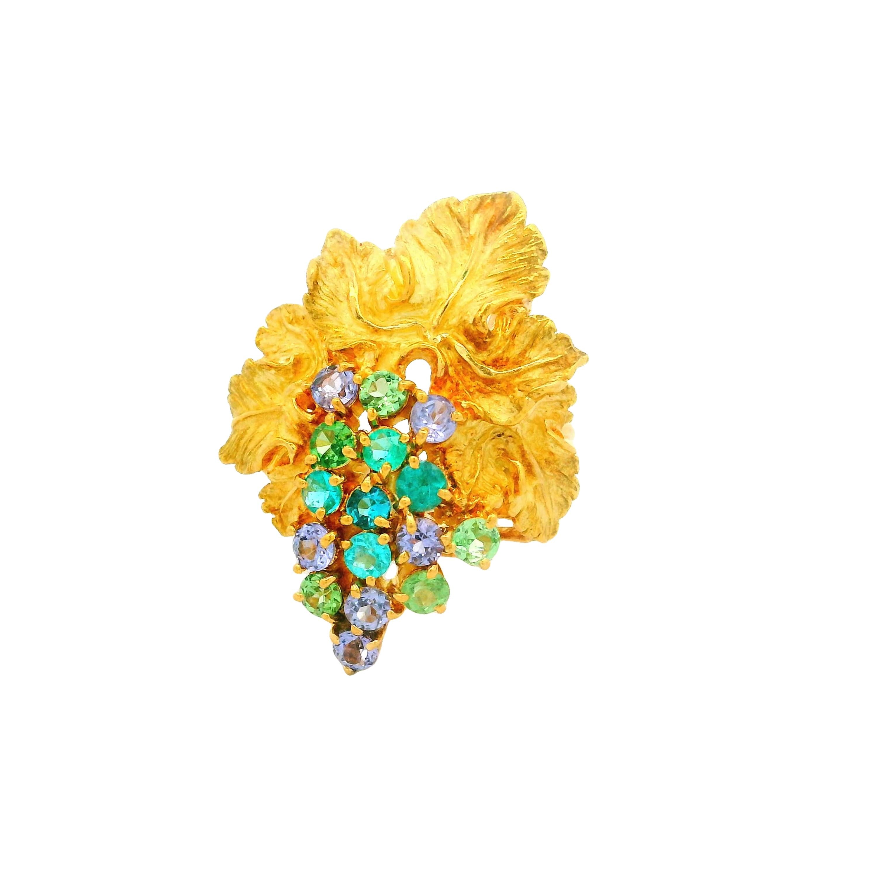 Paraiba Tourmaline 18k Yellow Grape-Leaf Ring