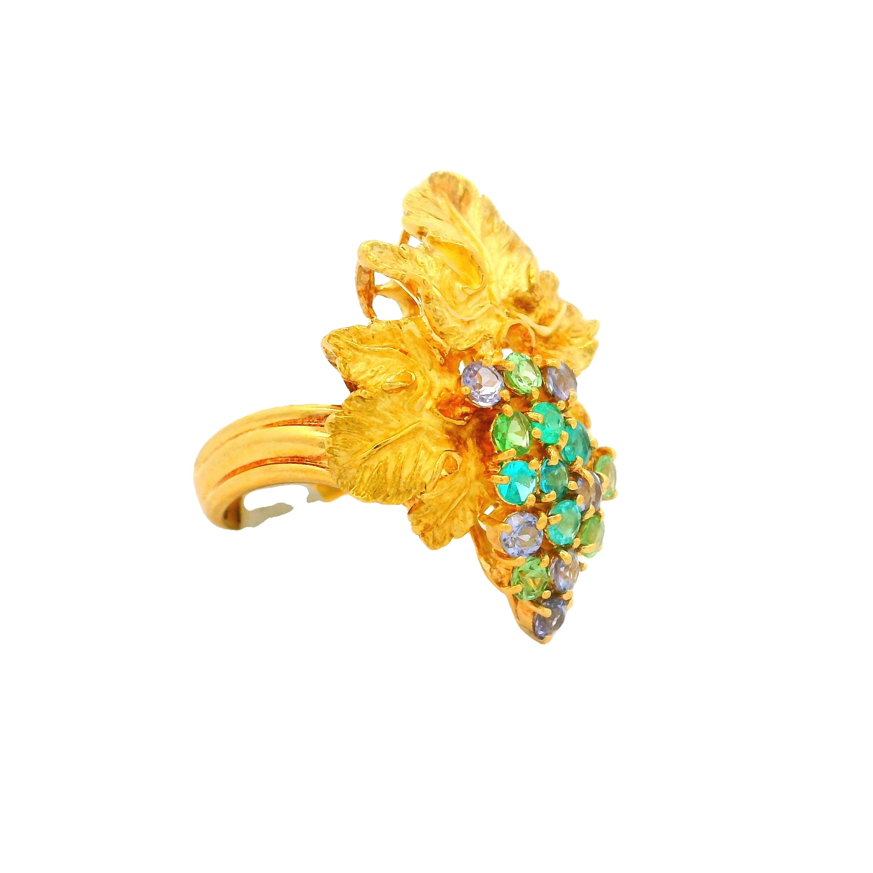 Paraiba Tourmaline 18k Yellow Grape-Leaf Ring