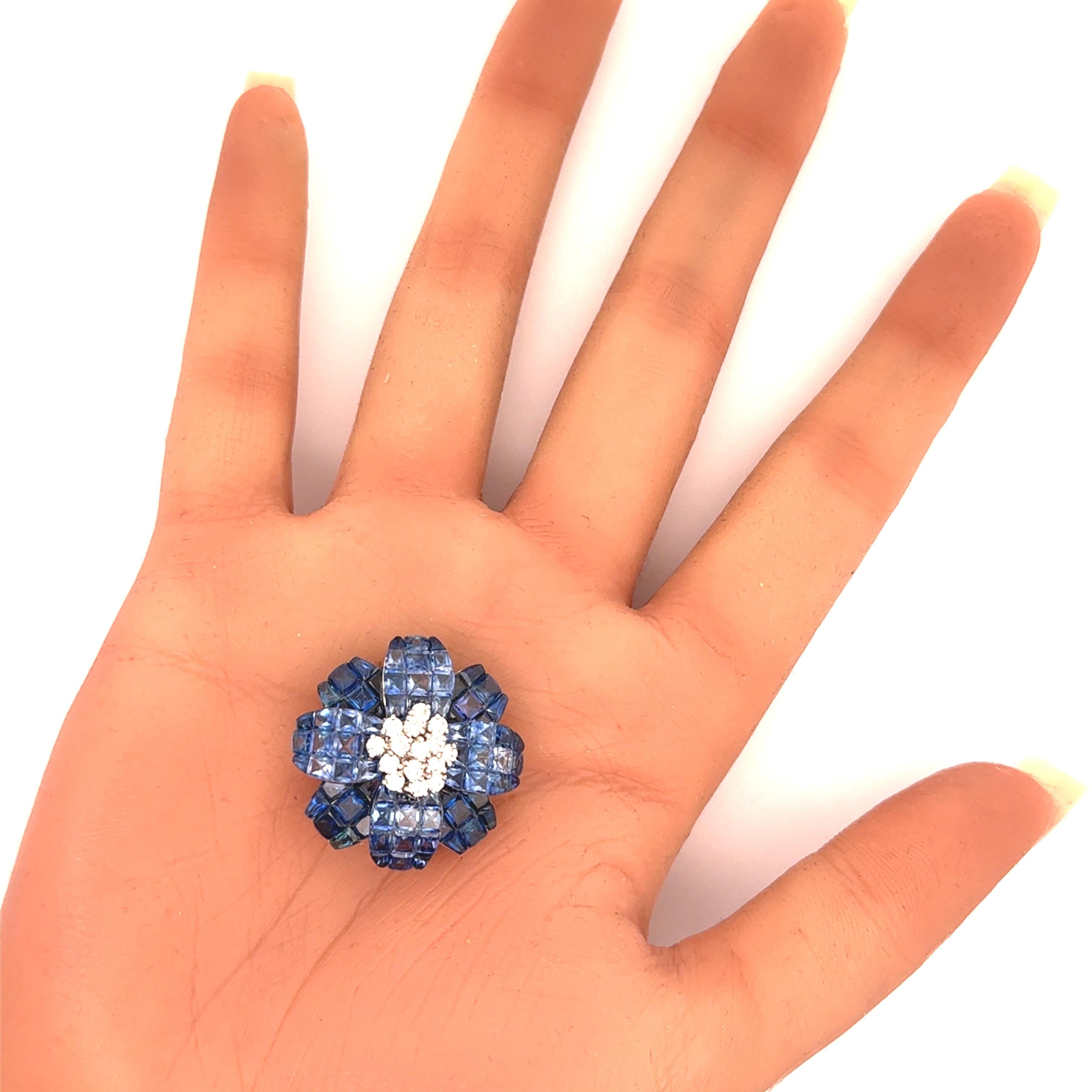 Invisible-Set Blue Sapphire Diamond 18k White Gold Flower Brooch & Pendant
