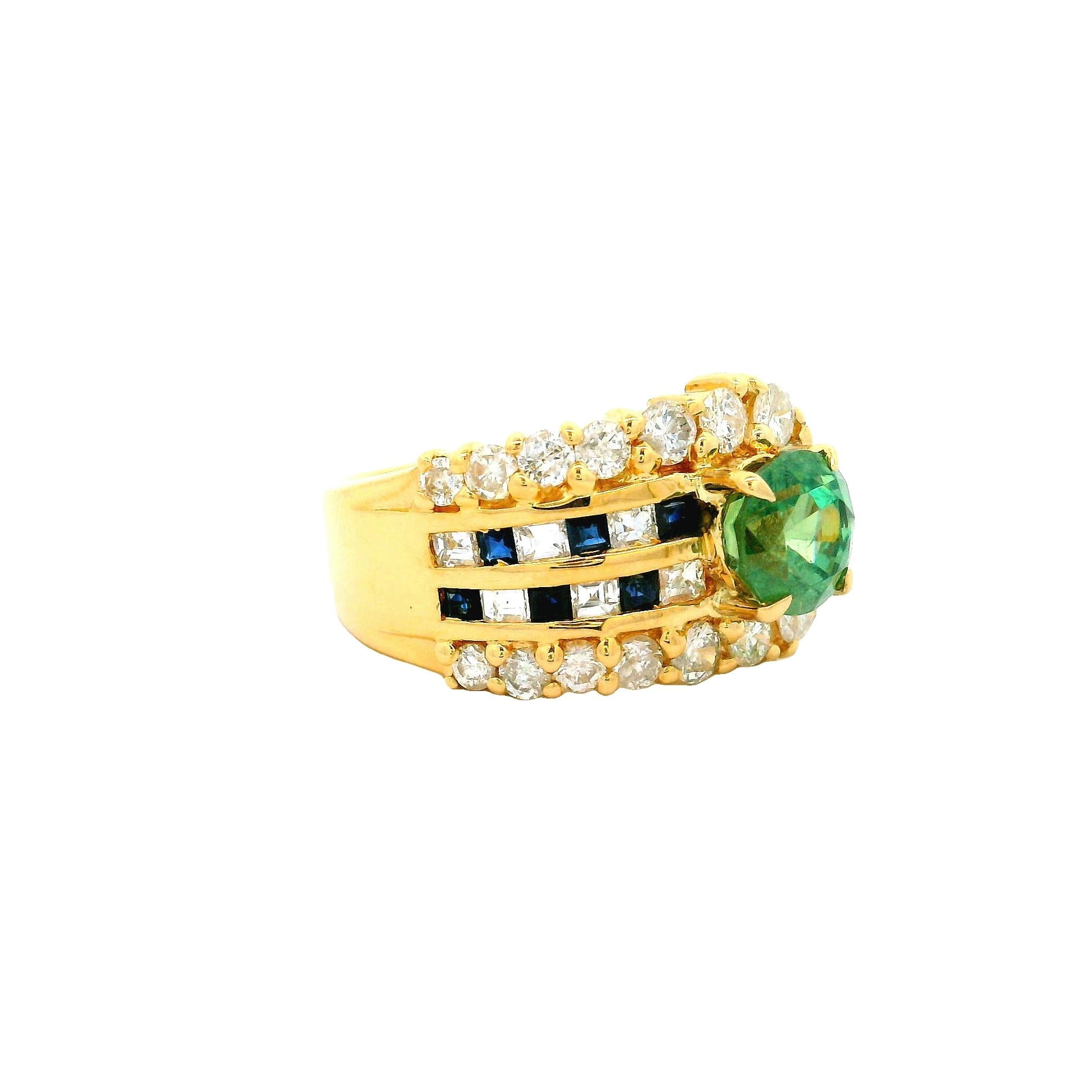 1.64 Carat Demantoid Garnet Diamond Sapphire 18k Yellow Gold Ring